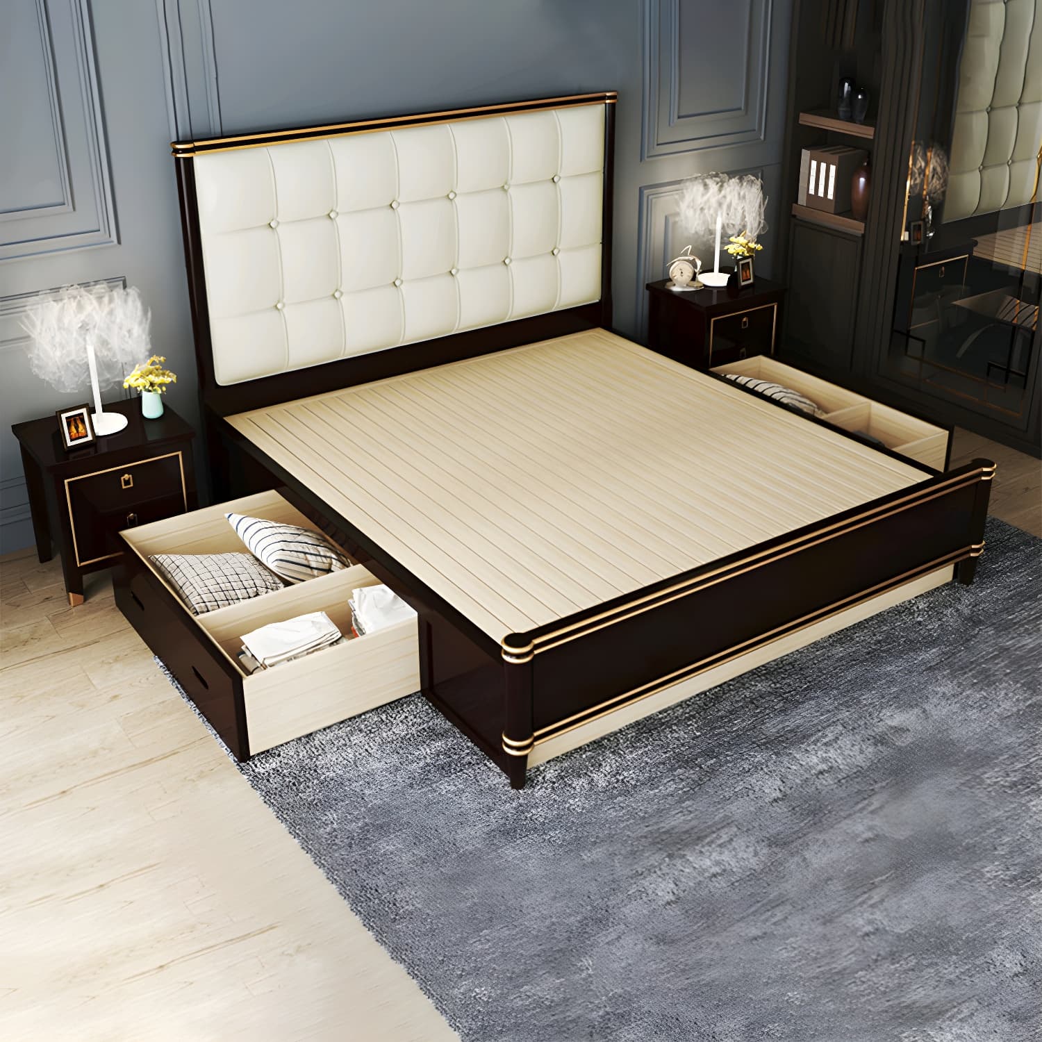 Modern Standard Bed with Tufted Upholstered Headboard and Soild Wood Legs thumbnail 12