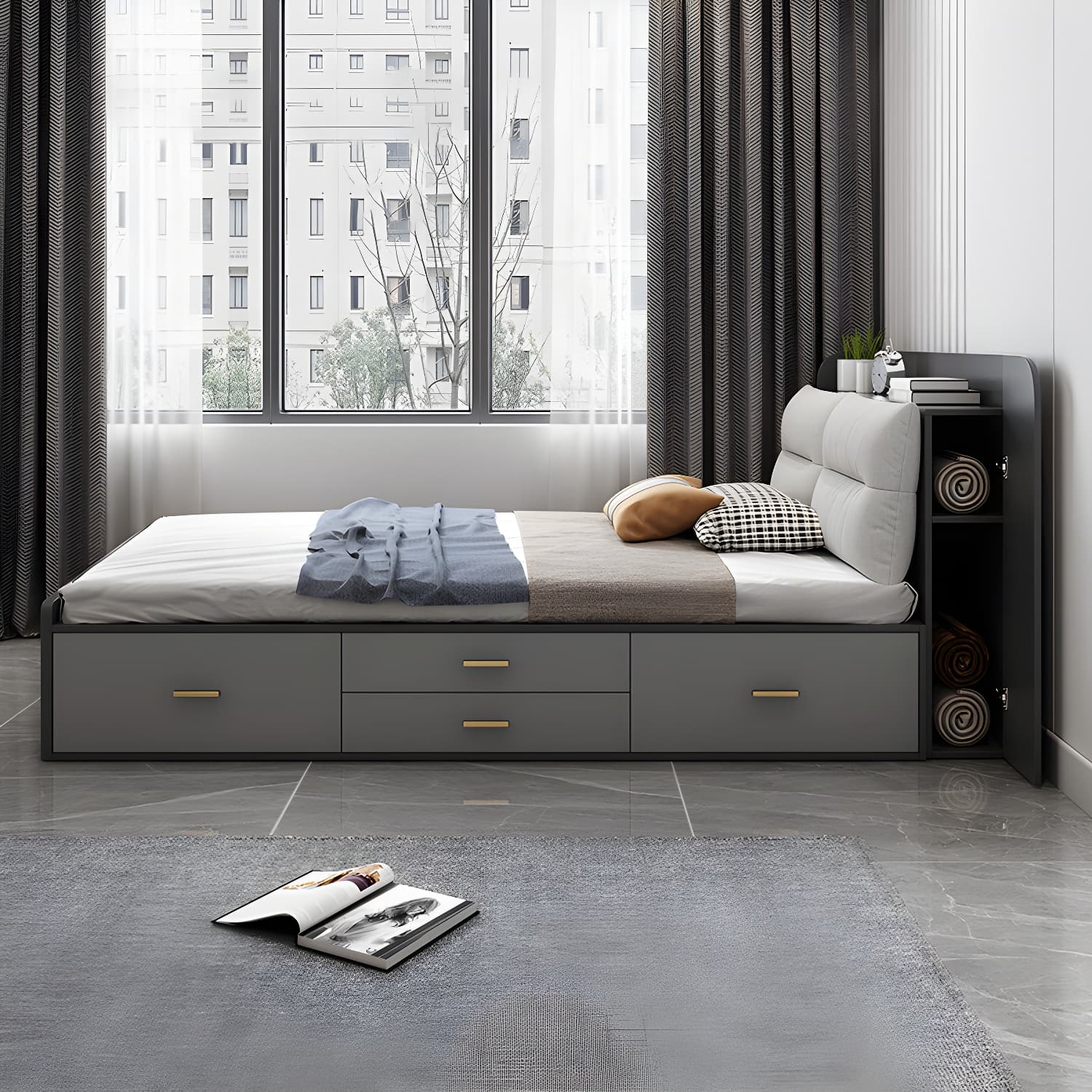 Scandinavian Low Profile Bed with Headboard Upholstered Bed with Drawers thumbnail 7