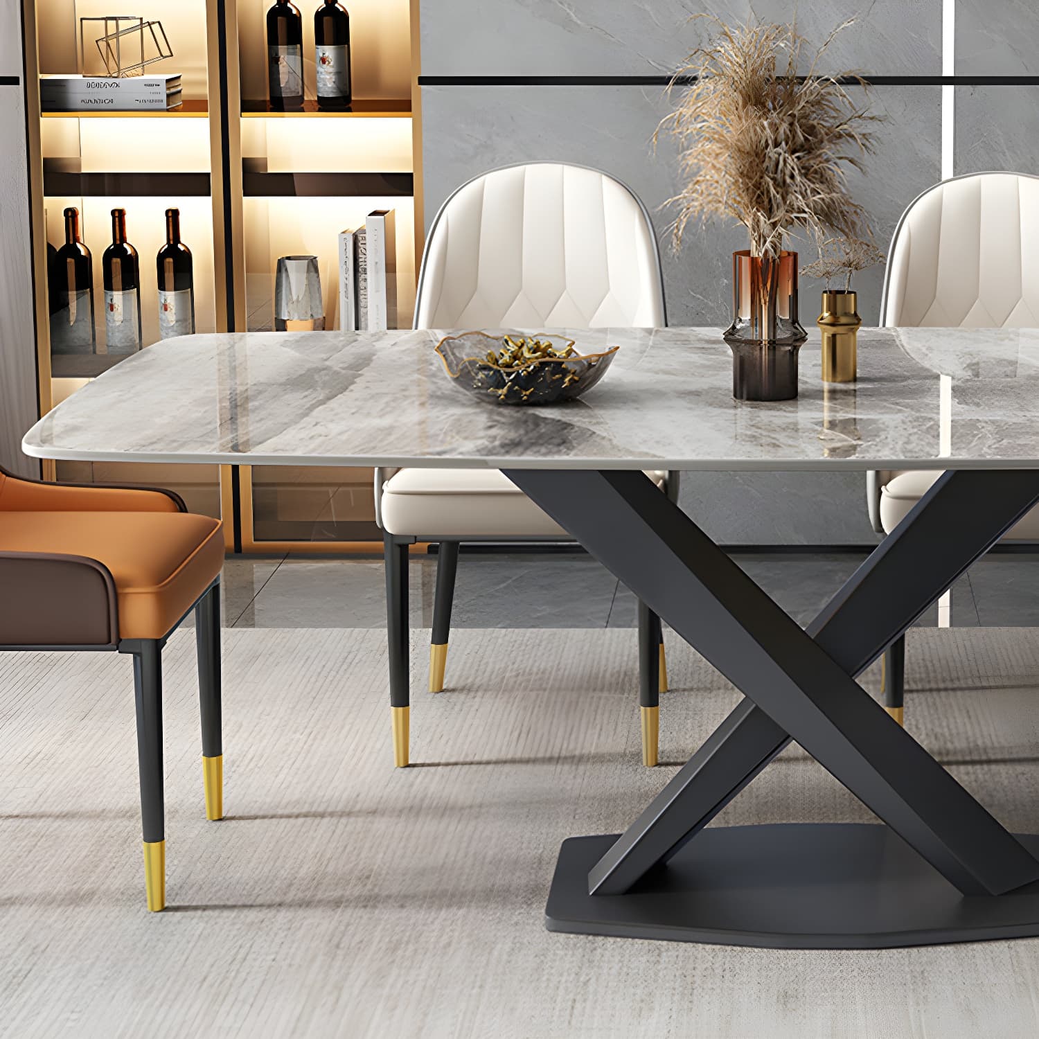 Modern 5/7-Piece Dining Set with Upholstered Chairs in Beige and Slate Table Top thumbnail 7