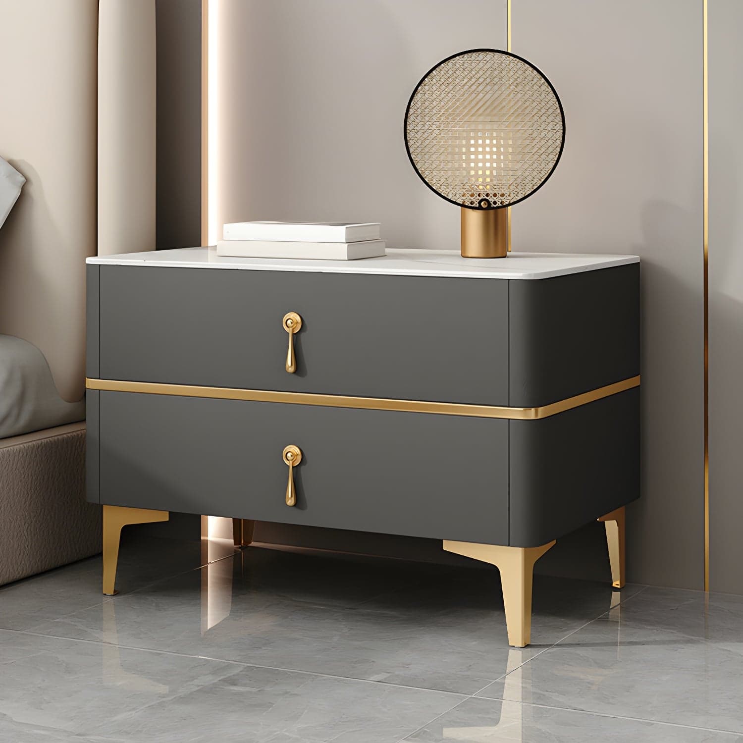 Glam Style Sintered Stone Top 2- Drawer Nightstand with Legs for Bedroom thumbnail 2