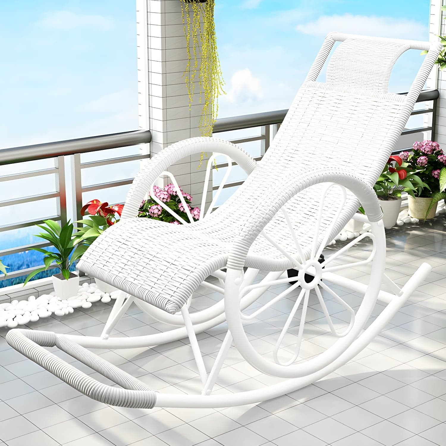 Modern Spindle Rattan Rocking Chair Metal Frame Wheel Handrail Design Rocker Chair thumbnail 11