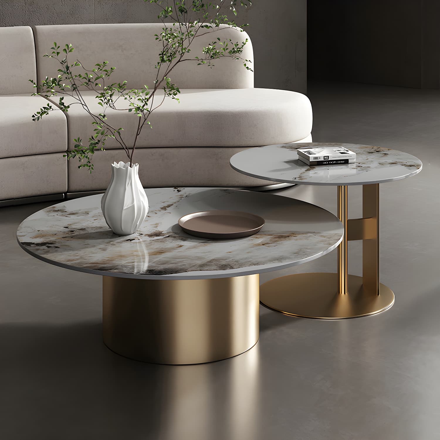 Slate Coffee Table Round Nesting Coffee Table Set with Pedestal Legs thumbnail 6
