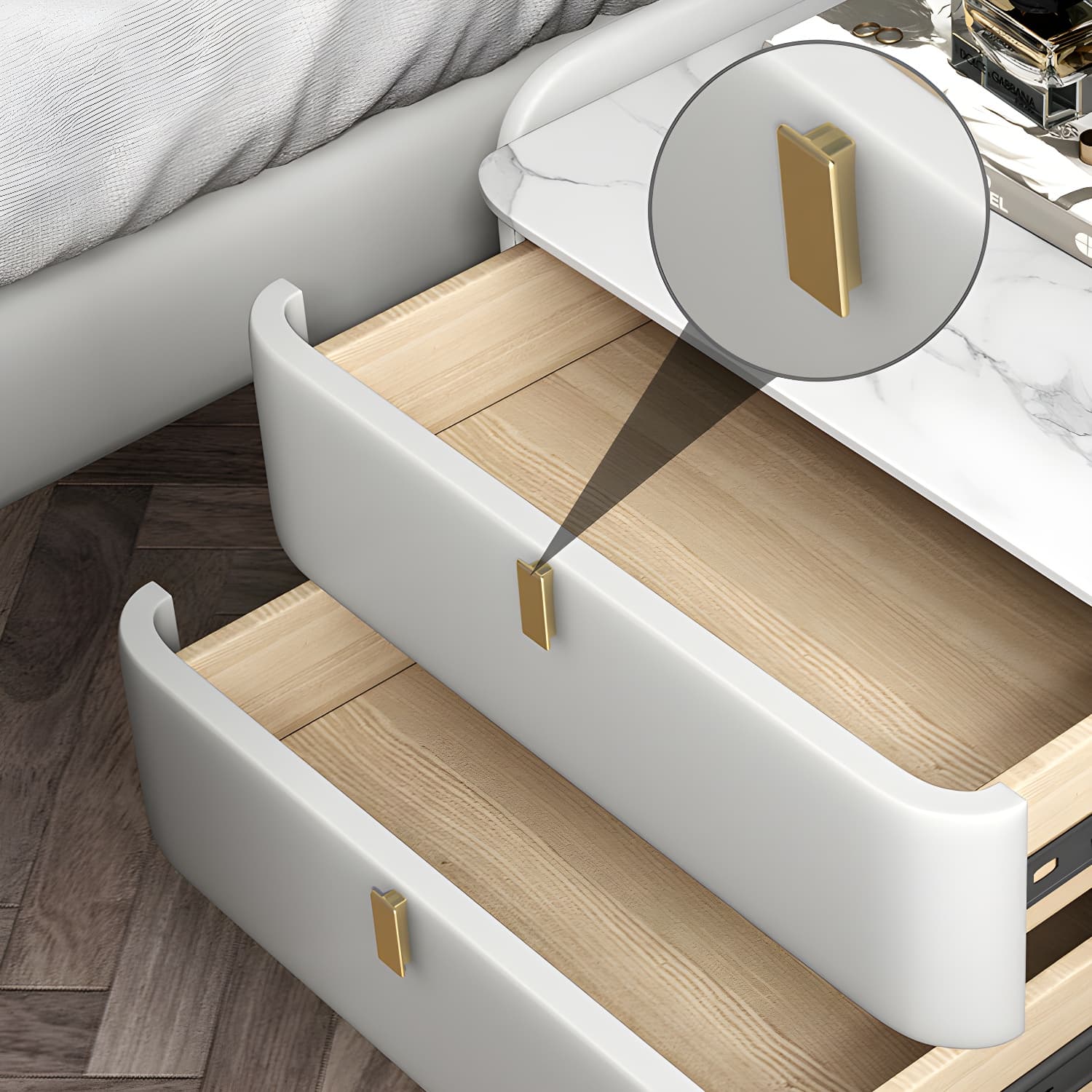 Stone Top Nightstand 3-drawer Leather Night Table with 4 Legs thumbnail 16