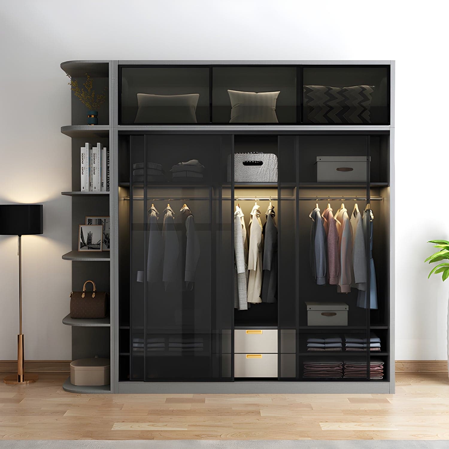 Black Wardrobe Cabinet Contemporary Glass Wardrobe Armoire for Home thumbnail 2