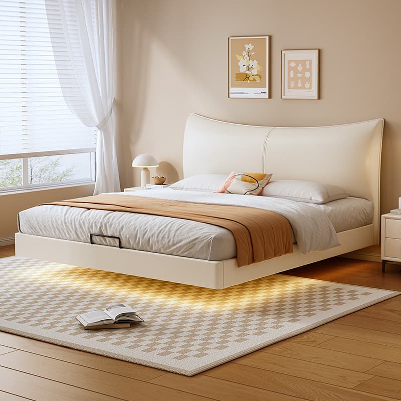 White Contemporary Solid Color Floating Bed with Lumber Slats for Bedroom thumbnail 3
