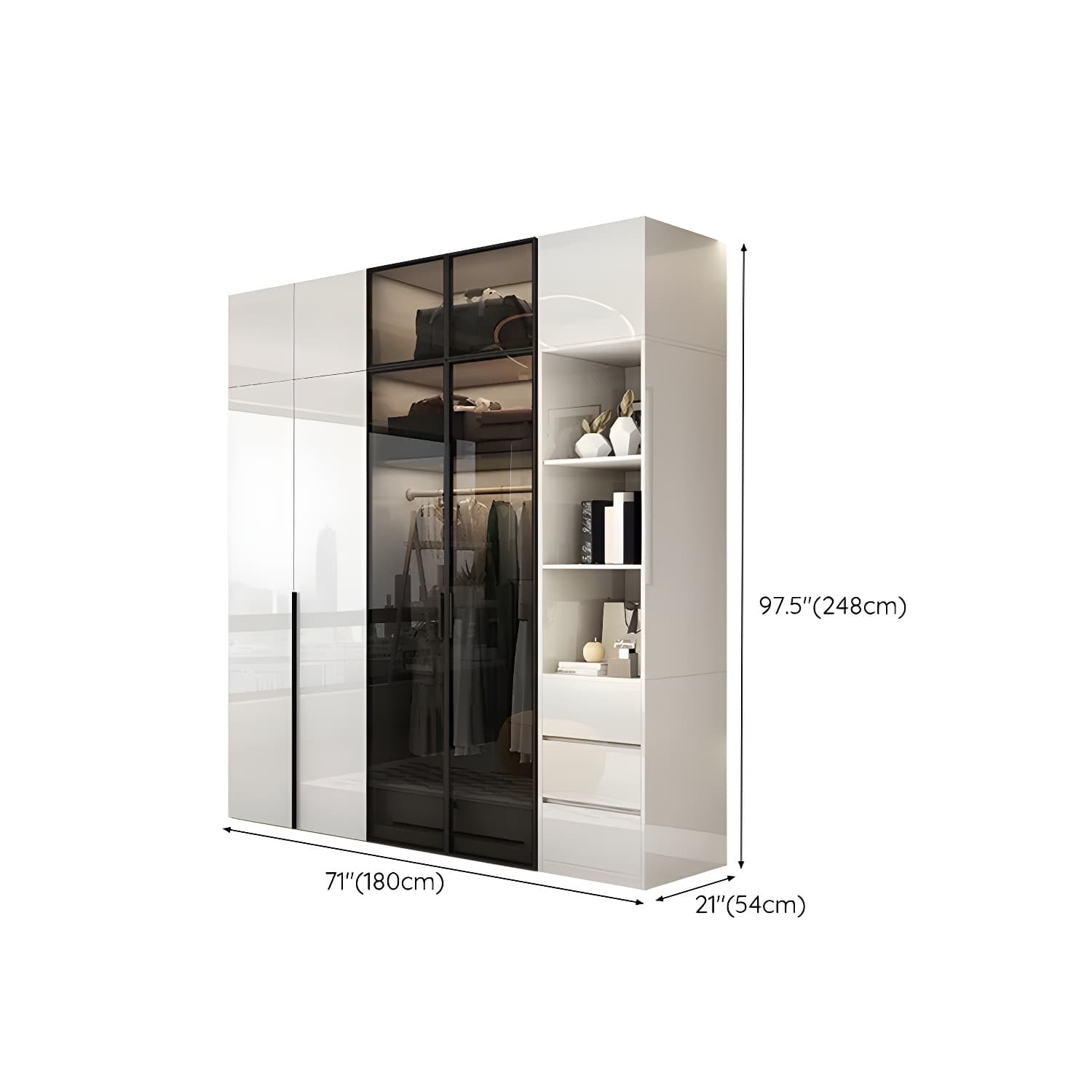 Sleek White Wood Wardrobe Armoire with Soft Close Drawers and Shelves thumbnail 36