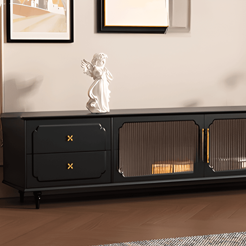 Black Art Deco Wooden TV Stand with Shelf, 4 Drawers, 2 Cabinets, and Cable Management thumbnail 3