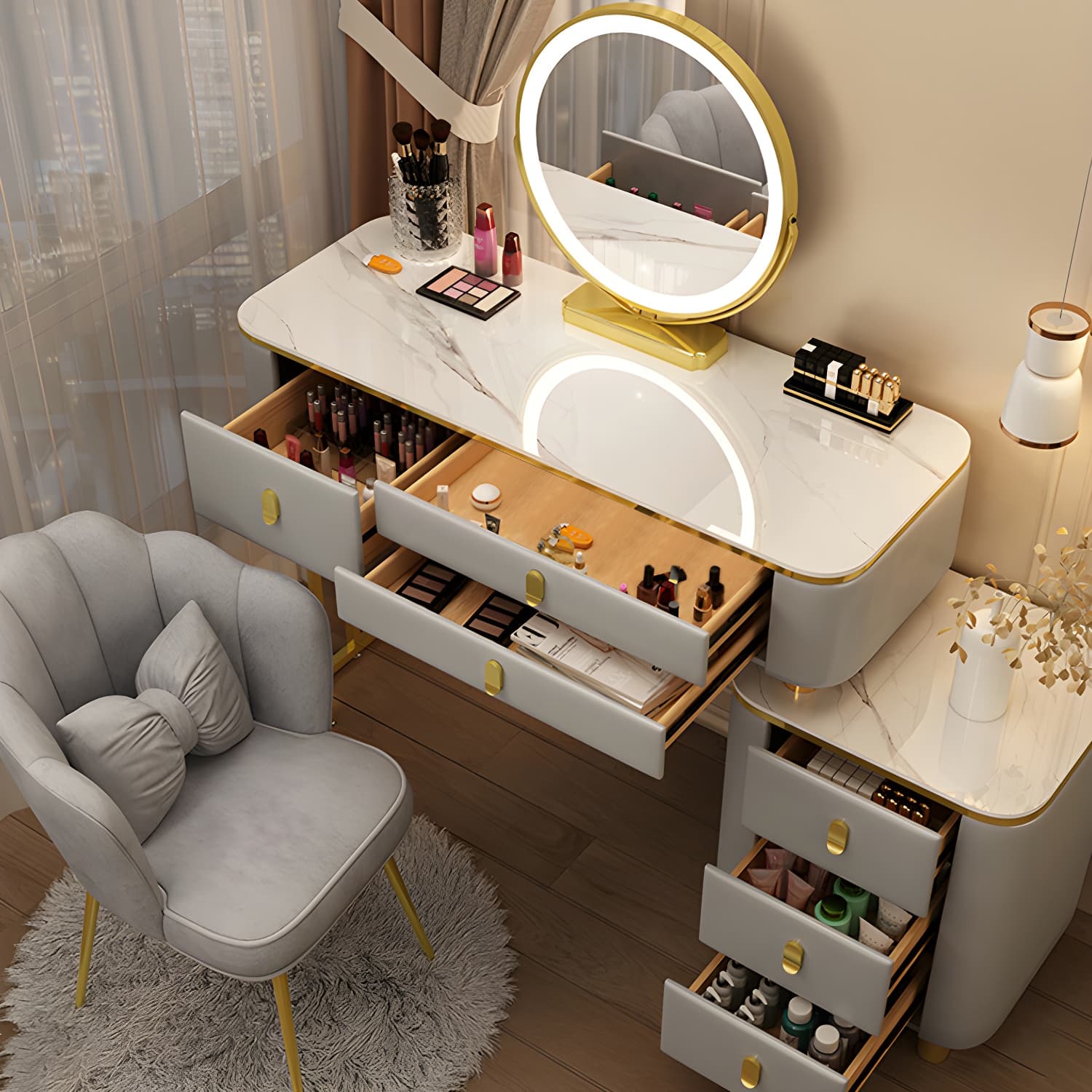 Luxurious Stone Top Vanity Dressing Table with 6 Drawers for Bedroom thumbnail 7