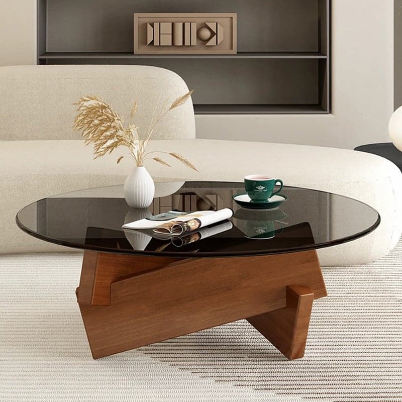 Stylish Round Glass Coffee Table with Tempered Top and Abstract Wood Base thumbnail 3