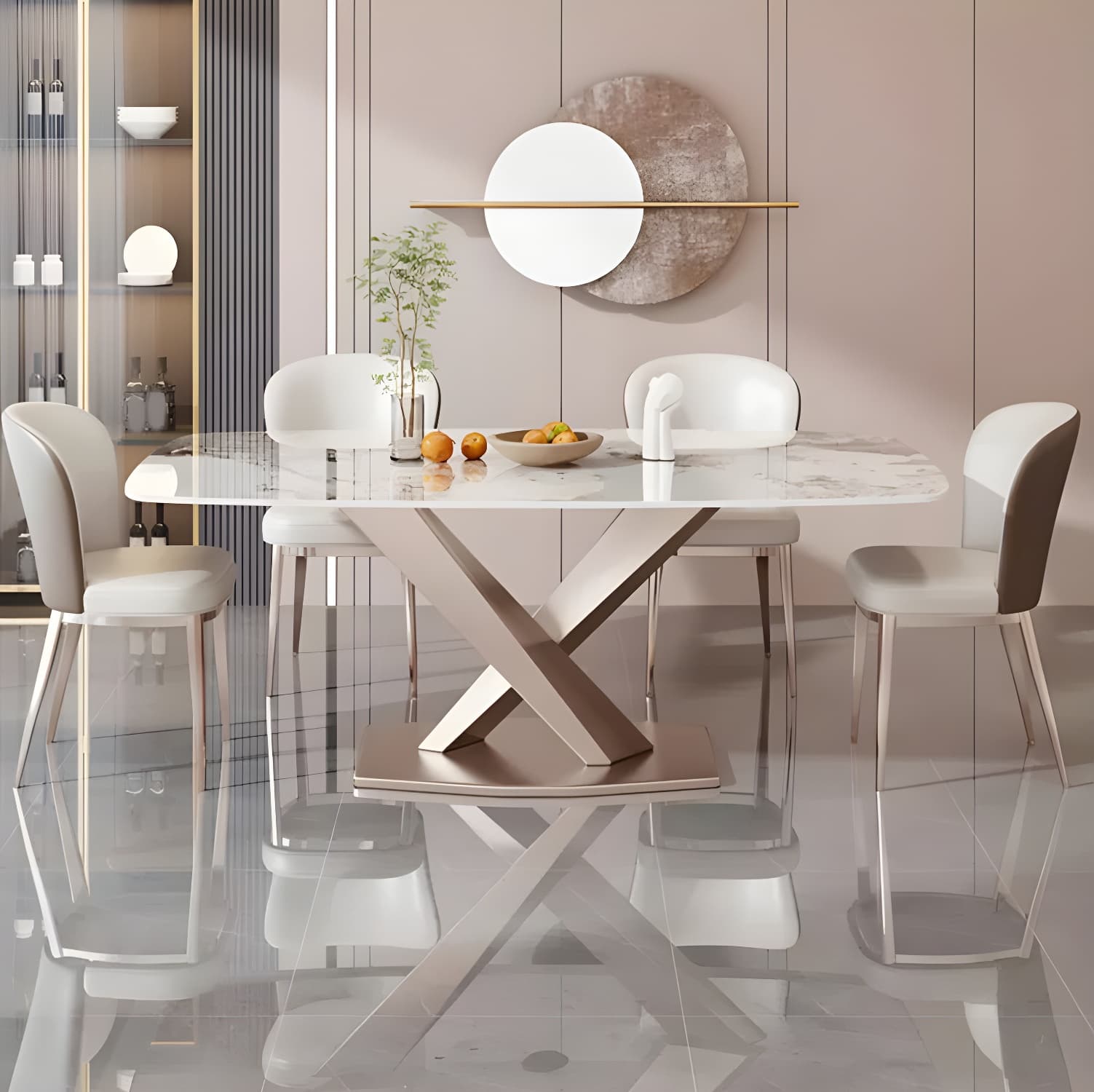 Modern Metal Dining Table in White with Pedestal Base and Violet Accents thumbnail 5
