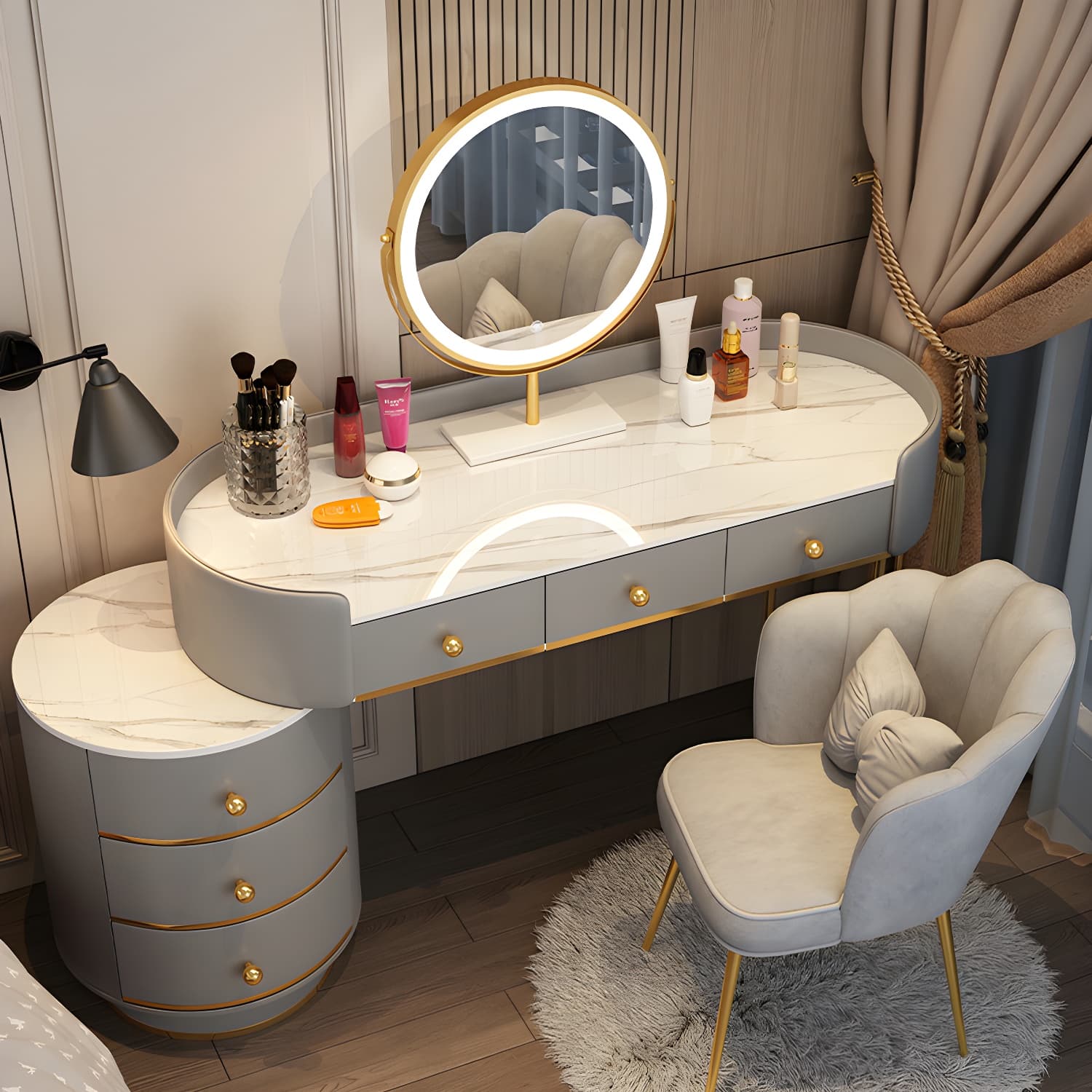 Wooden Makeup Vanity Desk Bedroom Dressing Table Stool Set with Drawer thumbnail 8