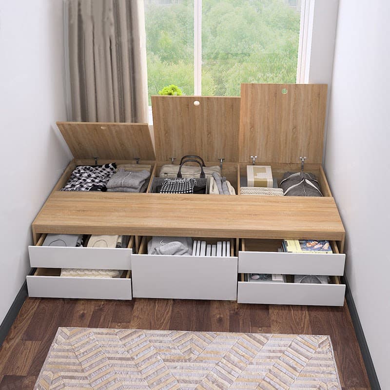 Wood Color Platform Storage Bed with Timber Bed Panel in a Modern Simple Style thumbnail 2