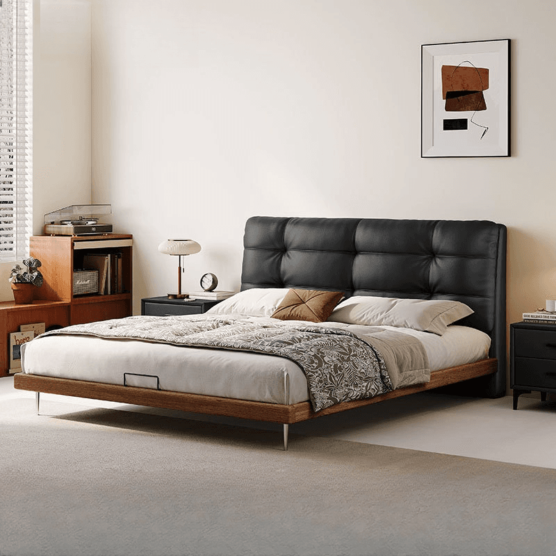 Solid Color Platform Bed with Natural Wood Frame and Button-tufted Design for Living Room thumbnail 1