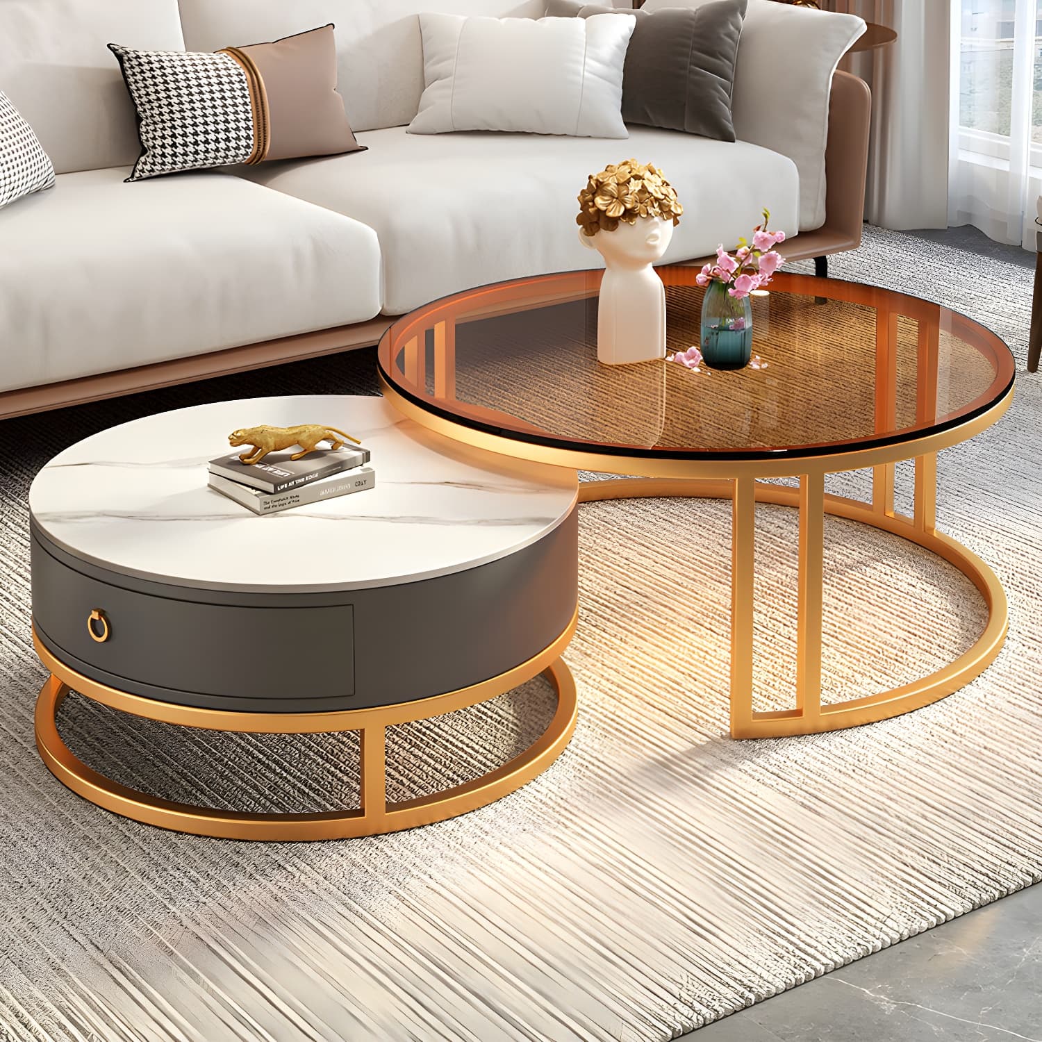 Modern Glass Coffee Cocktail Table Round Nesting Coffee Table Set thumbnail 9