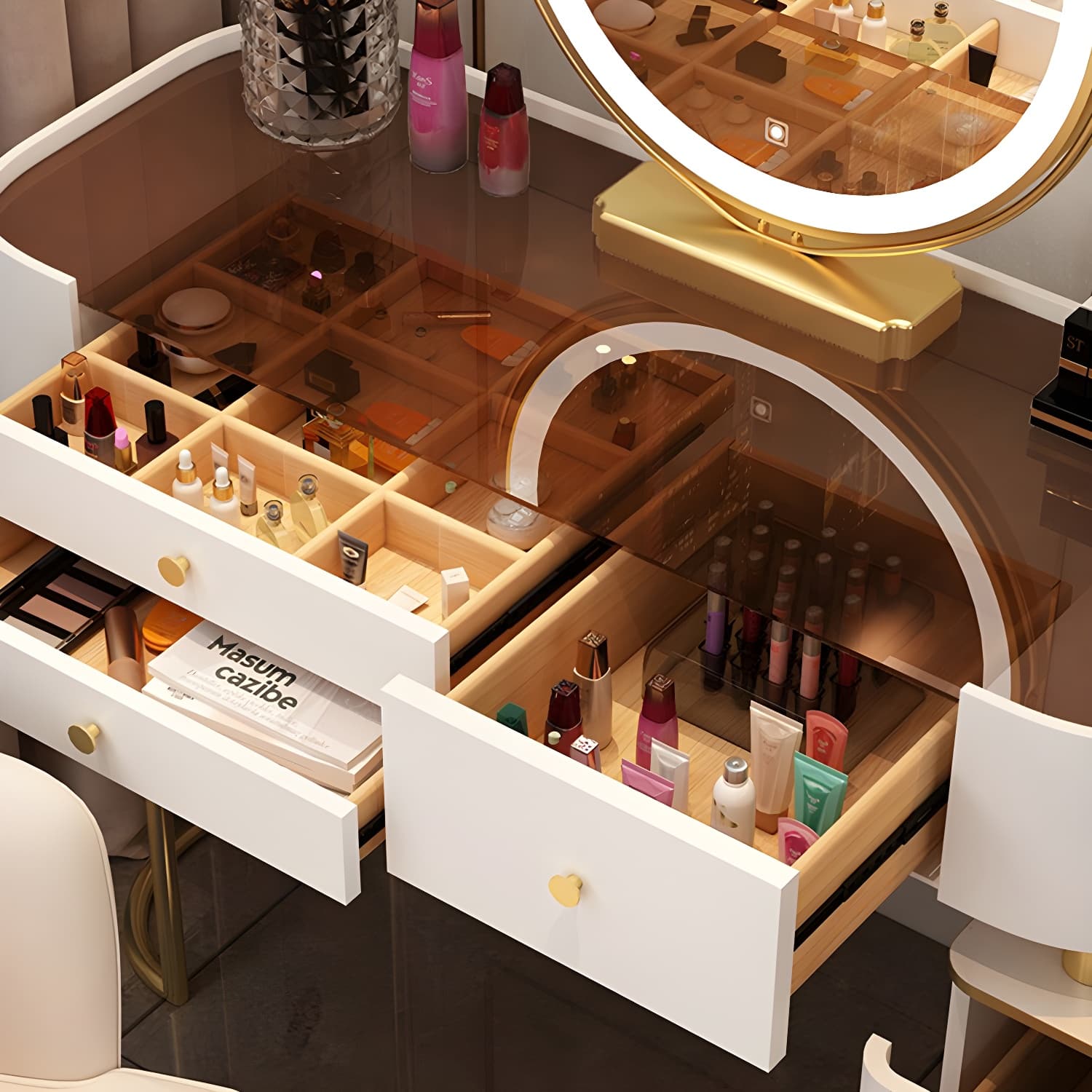 Contemporary Glass Top Vanity Dressing Table With 4/5 Drawers thumbnail 9