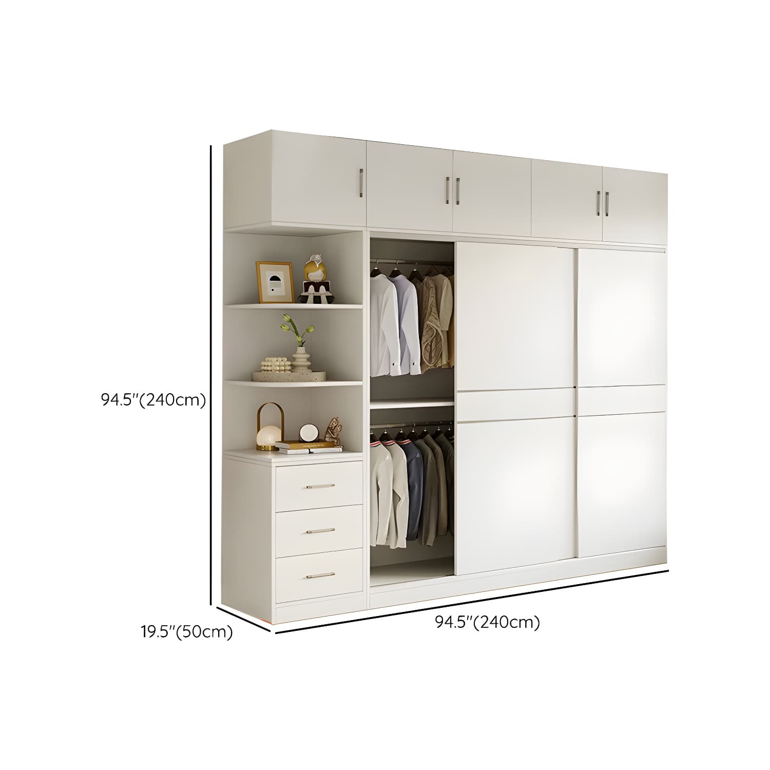 Modern White Wood Wardrobe Armoire with Sliding Doors, Shelves, and Soft Close Drawers thumbnail 36
