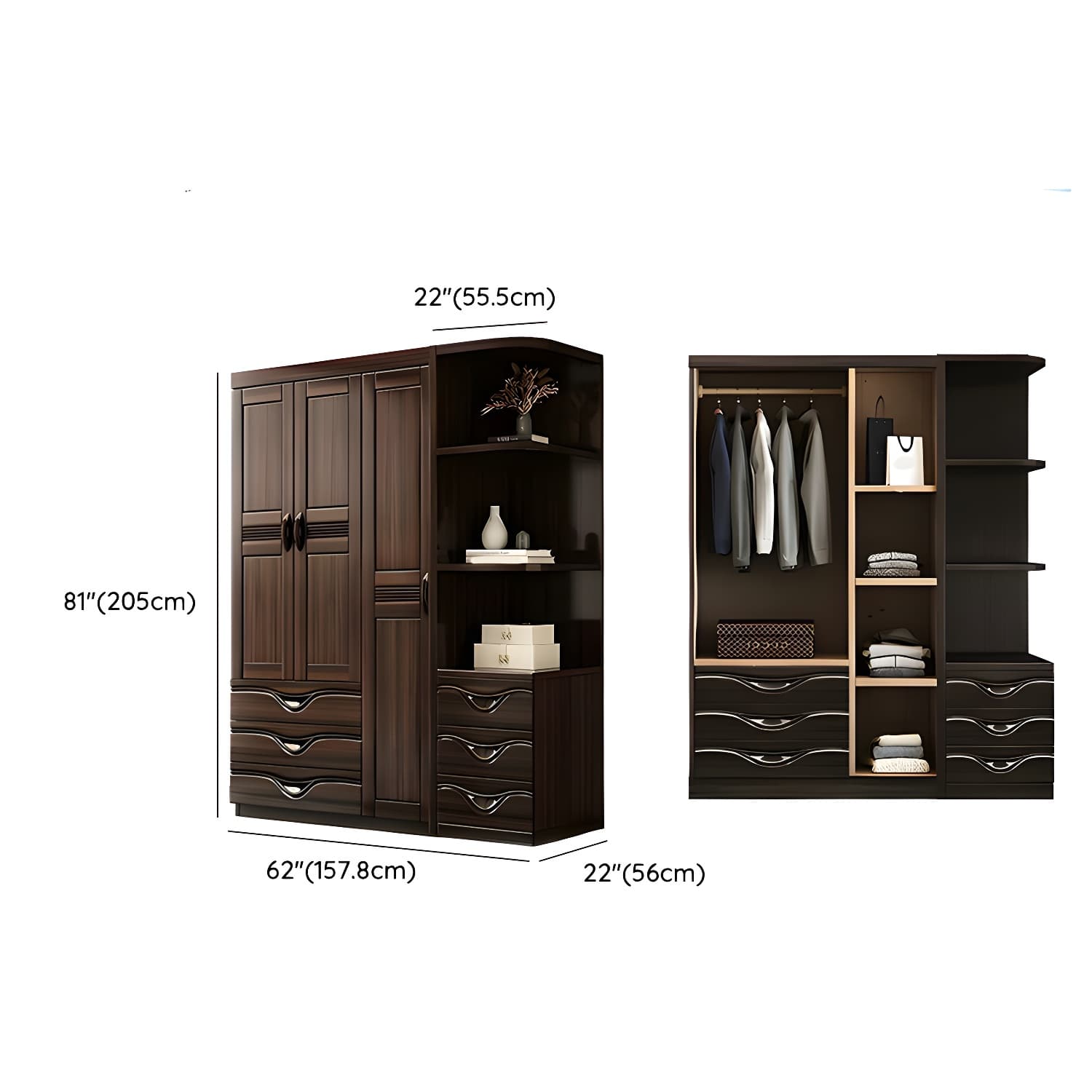 Traditional Black-brown Storage Wood Wardrobe with Clothing Rod and Shelves thumbnail 13