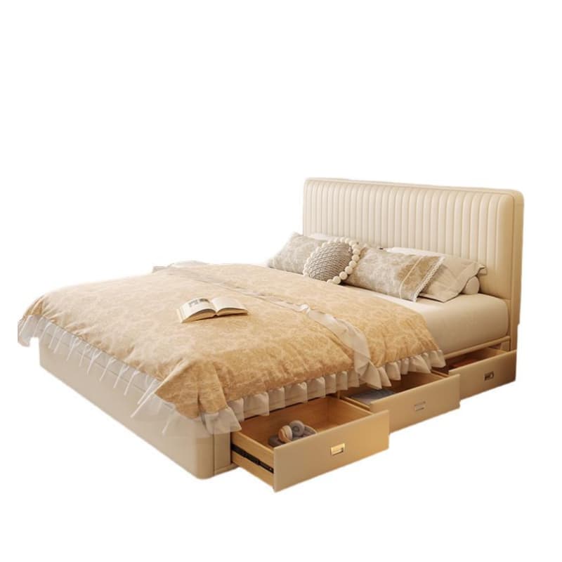 Ivory Solid Color Storage Bed with 3 Storage Boxes, Padded Frame, Sponge Upholstery, and Panel Headboard for Bedroom thumbnail 3