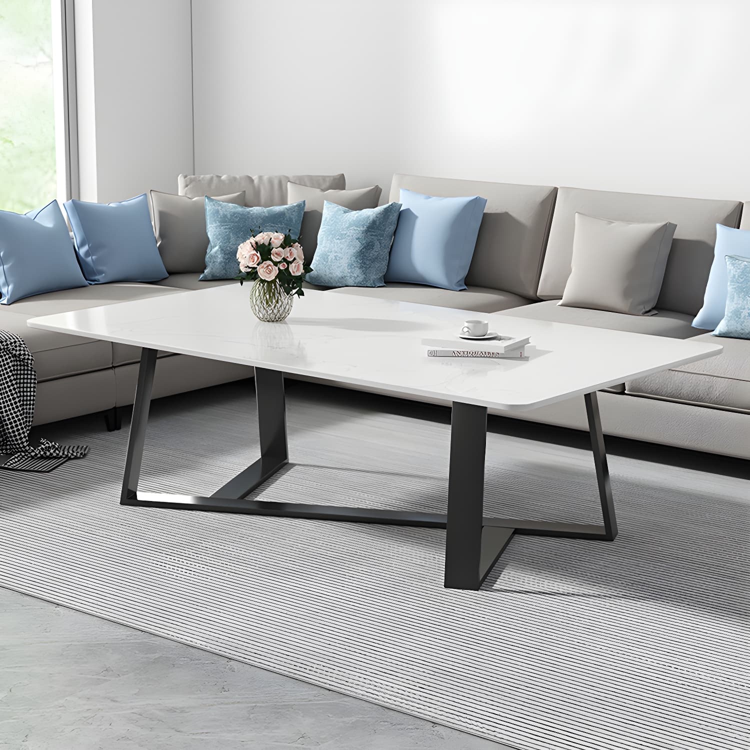 Modern Rectangle Coffee or End Table Stone and Steel Coffee Table with Cross Legs thumbnail 7