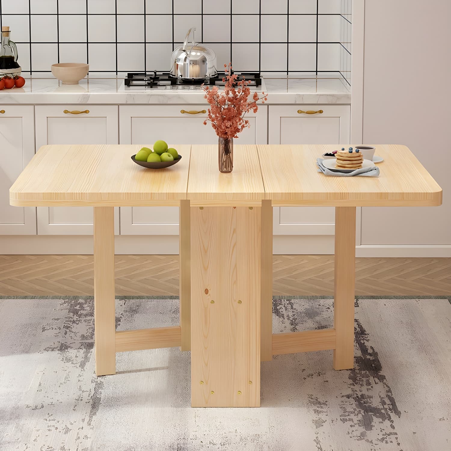 Modern Rectangular Wood Dining Table with Pedestal Base, Seats 4, Drop Leaf Design thumbnail 4