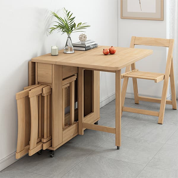 Scandinavian Wood Drop Leaf Dining Table with Storage and Expandable Design thumbnail 4