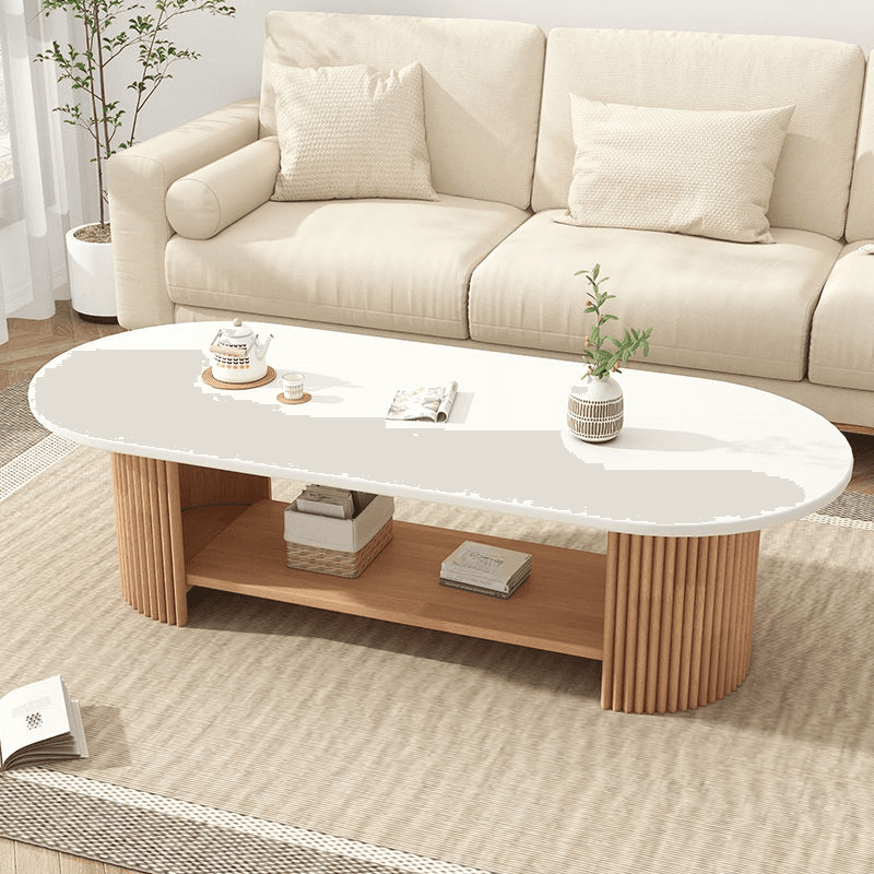 Oval Natural Wood Coffee Table with Twin Support Base, Repository, and 1 Shelf thumbnail 9
