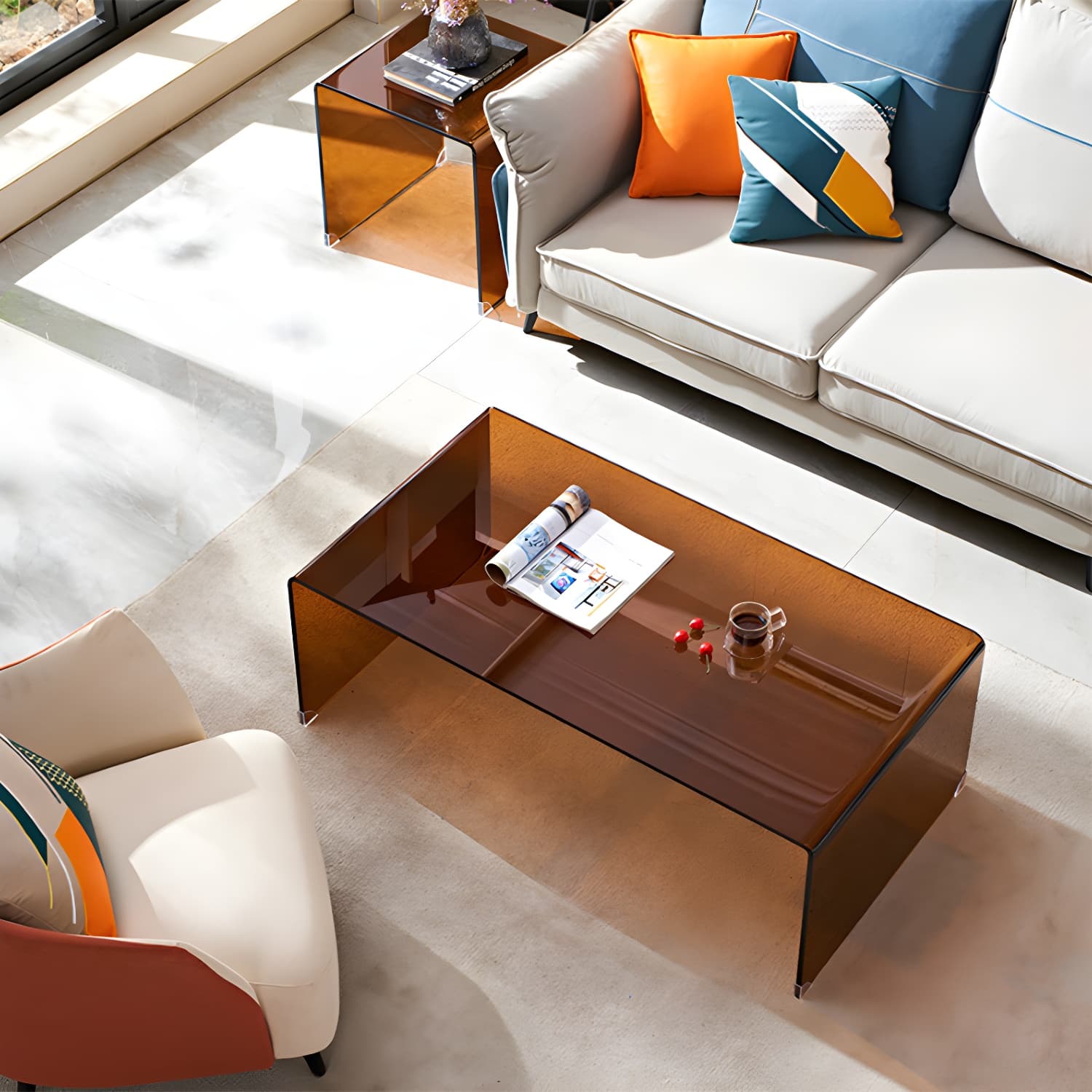Brown Glass Sled Coffee Table Modern Rectangular 1 Single Cocktail Table thumbnail 1