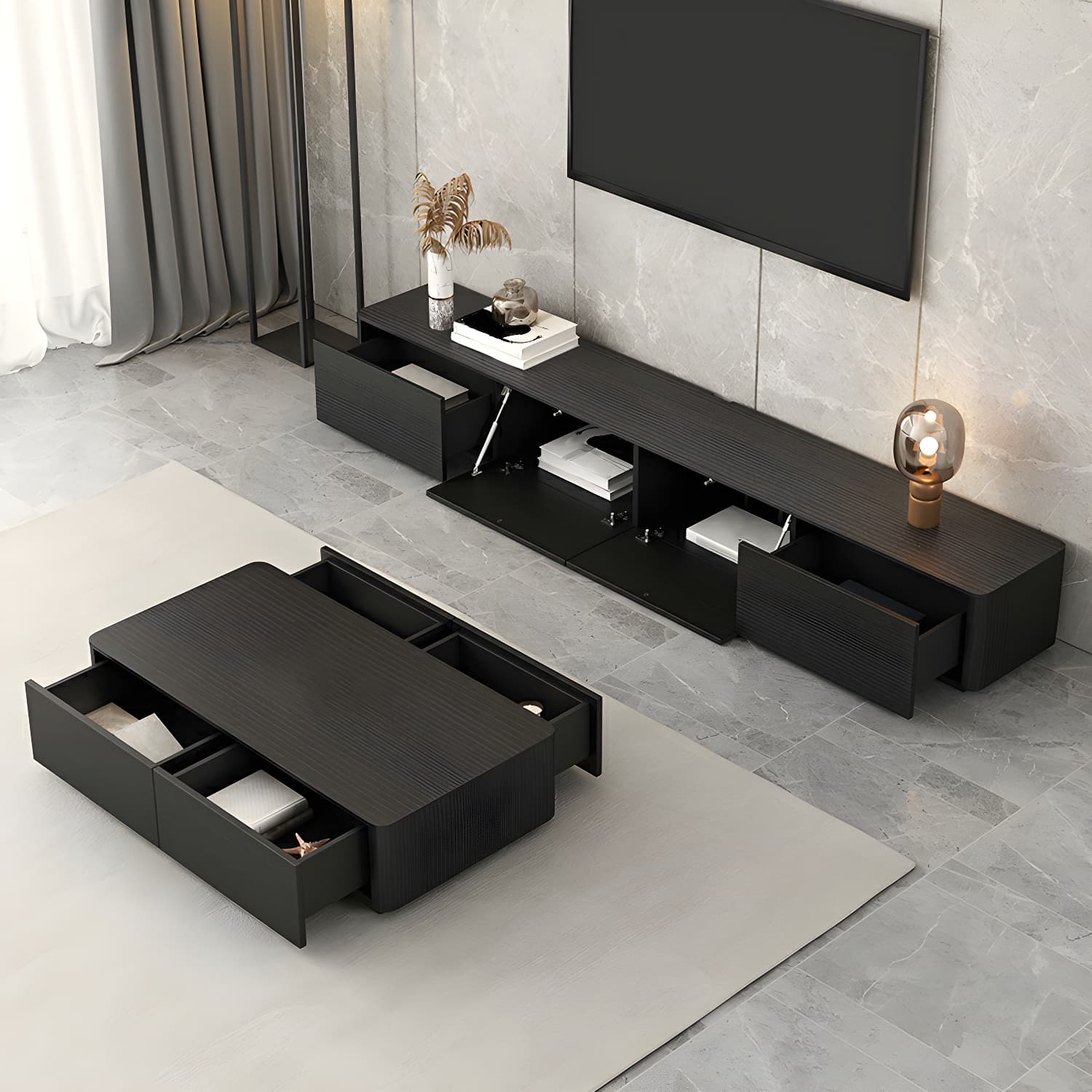 Black Wood TV Stand with Drawers and Cable Management – Modern Style and Low Height thumbnail 3