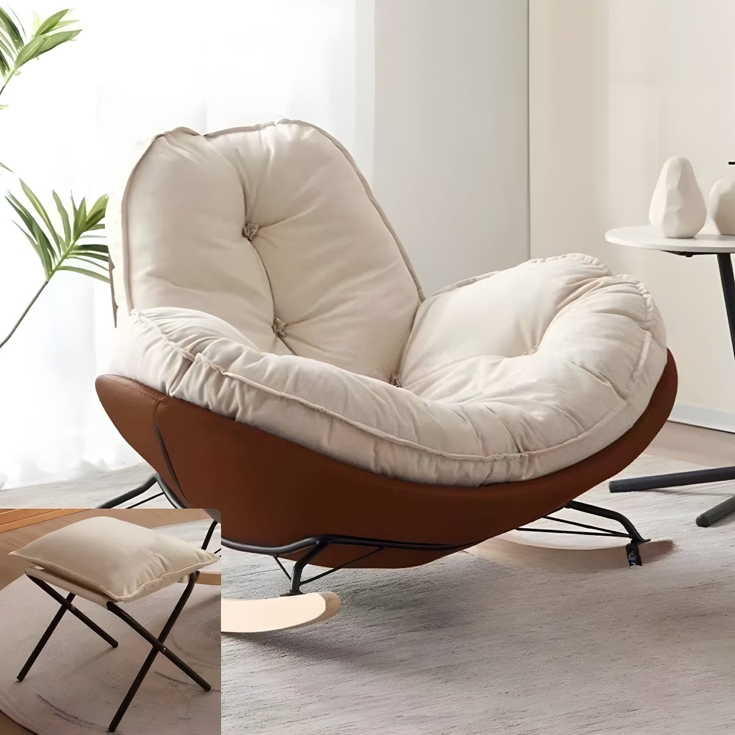Modern Rocking Chair with Metal Frame and lint Upholstered, Solid Wood Legs and Armless Design - image 1