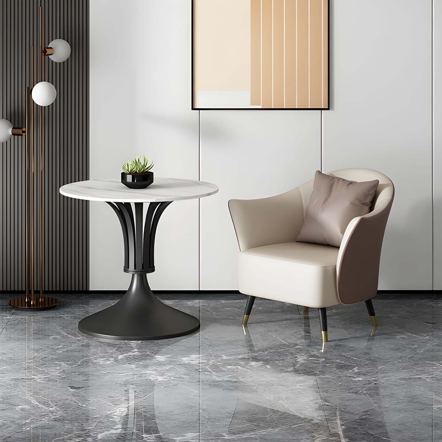 Metal Glam Dining Set with Padded Chairs 1/2/3/5 Pcs White Stone Dining Table Set thumbnail 8