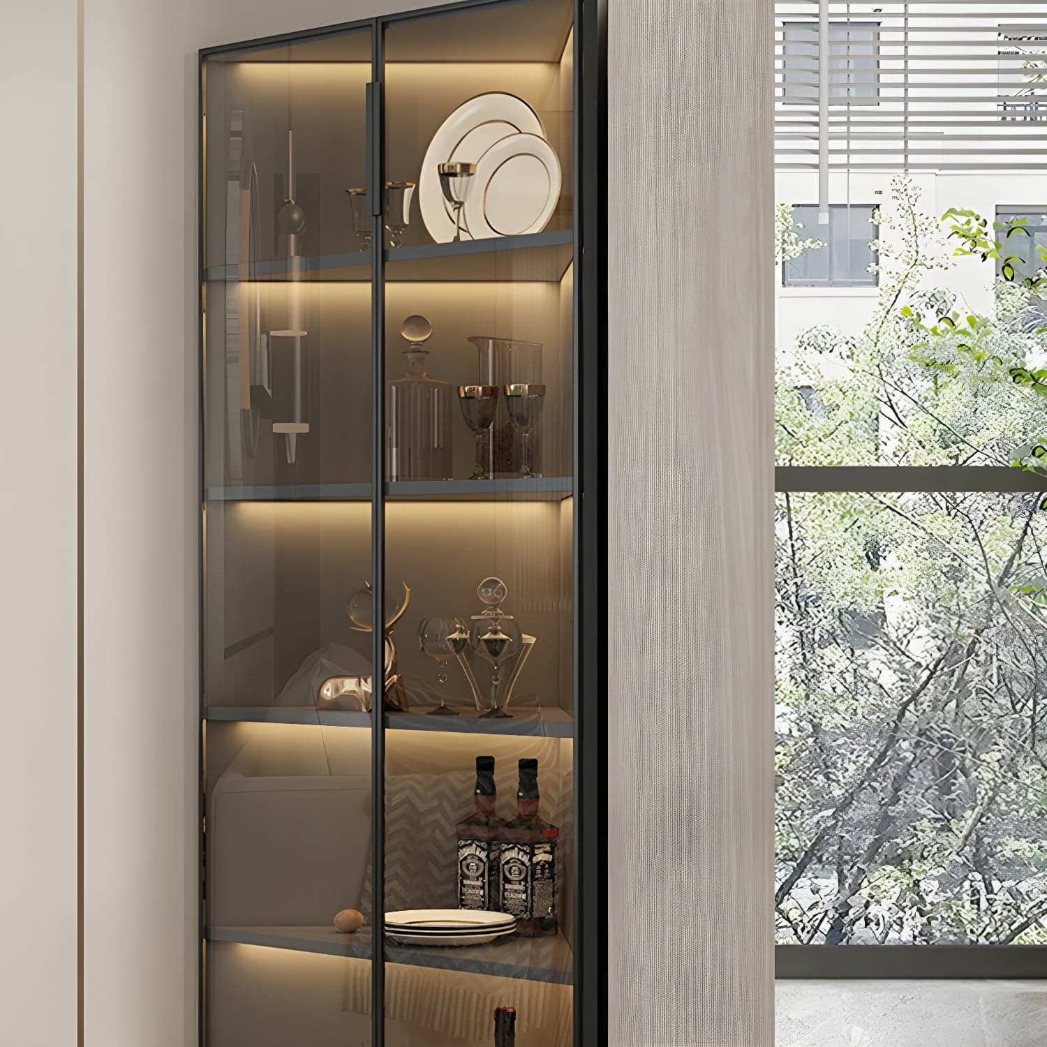 Wood Glass Paned Modern Corner Accent Cabinet for Living Room thumbnail 8
