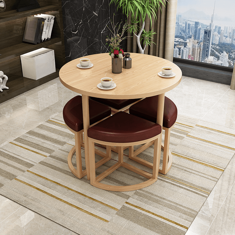 Reclaimed Wood Round Dining Table Set with Metal Toboggan Base and Upholstered Backless Chairs for 4 People thumbnail 15
