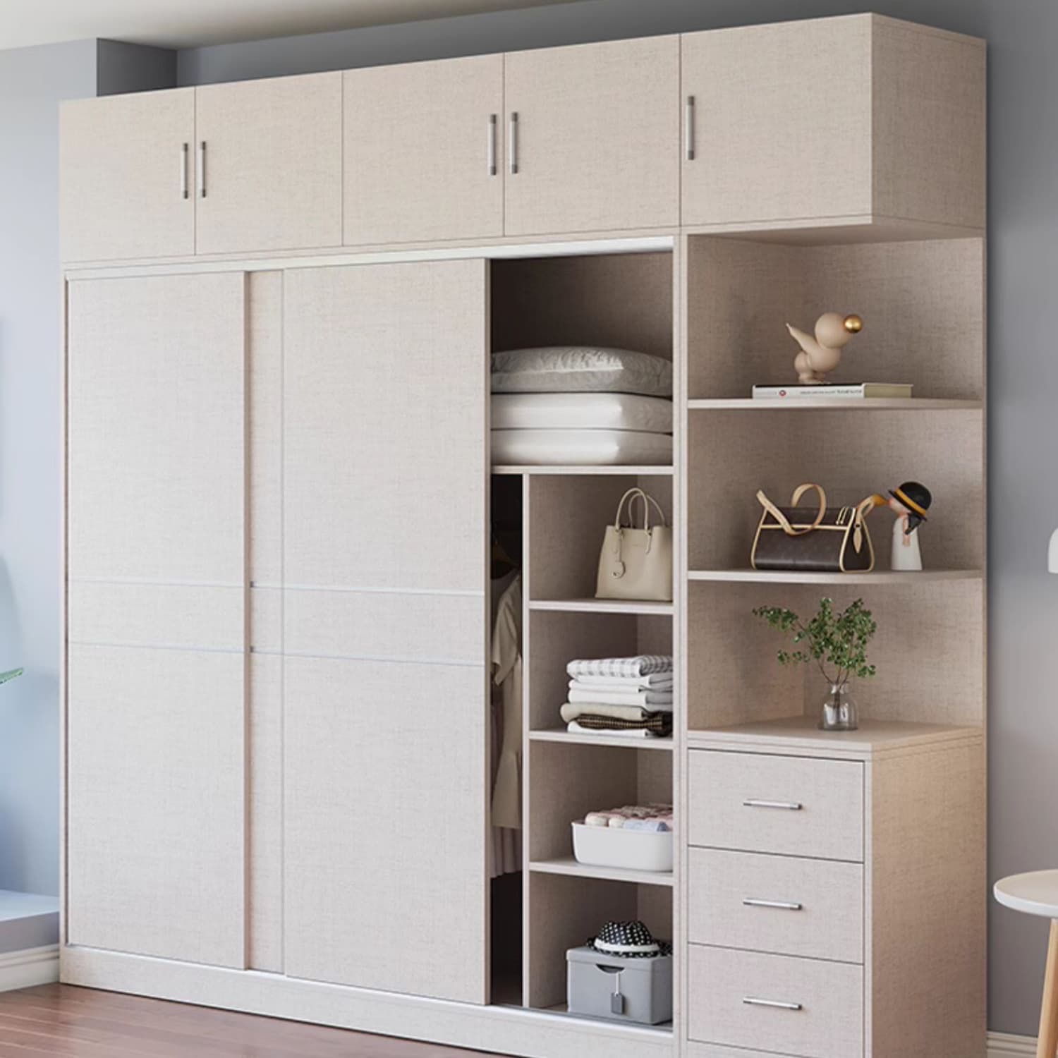 Fashionable Sliding Door Storage Wood Wardrobe with Metal Clothing Rod and Shelves in White Color thumbnail 4