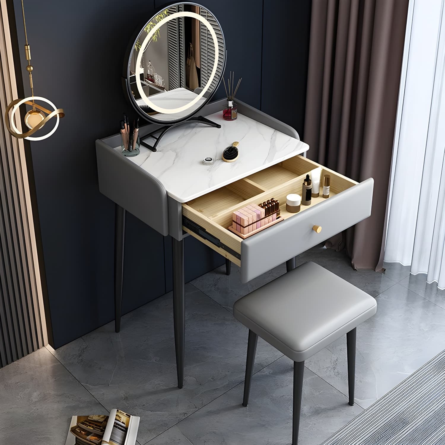 Contemporary Make-up Vanity with Stone Top and Metal Legs for Bedroom thumbnail 8