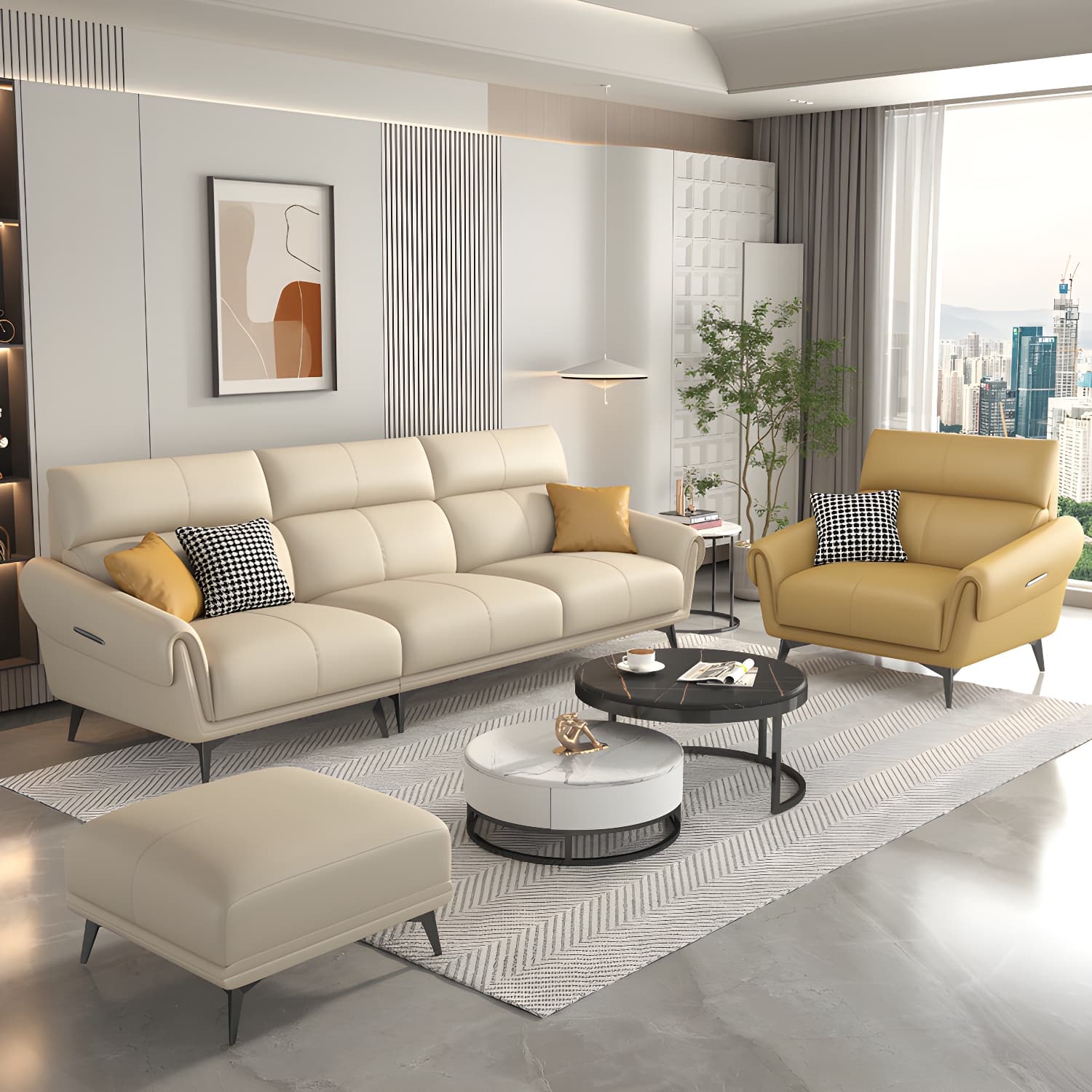 Faux Leather Flared Arm Sofa in Beige of 37.4" H with Cushions thumbnail 4