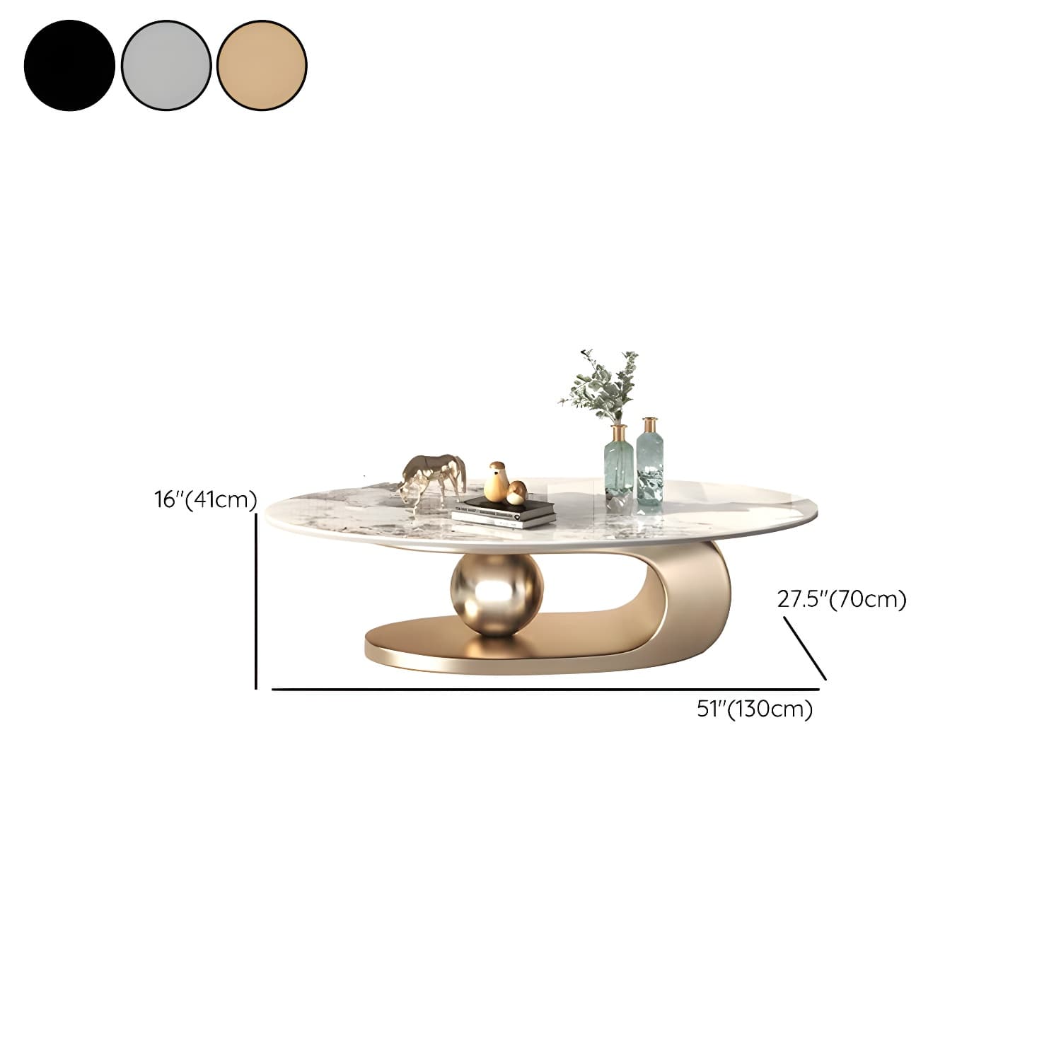 Glam Stone Coffee Table - Beige Oval Shape with Abstract Stainless Steel Base and Scratch Resistant thumbnail 14