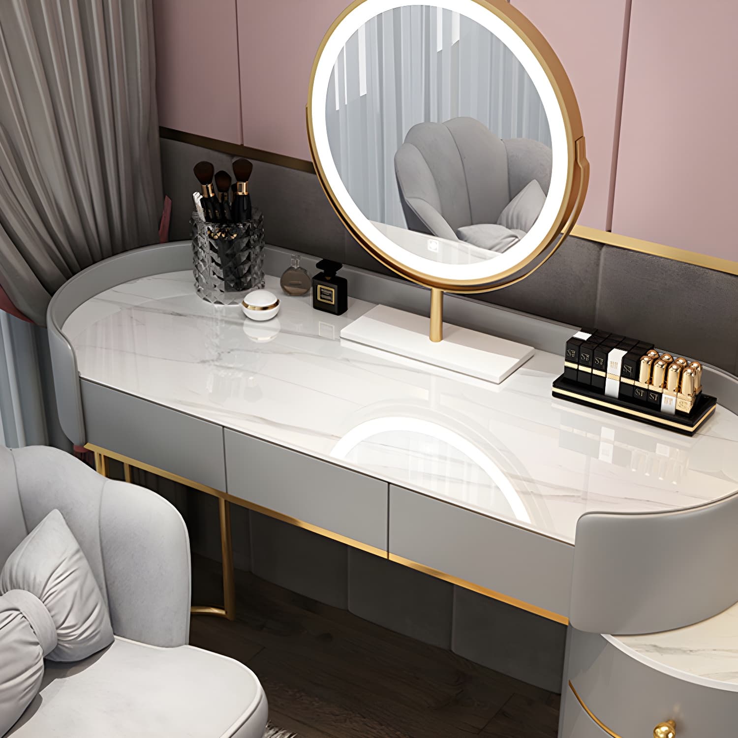 Contemporary Bedroom Metallic Lighted Mirror With Drawer Makeup Vanity Set thumbnail 11