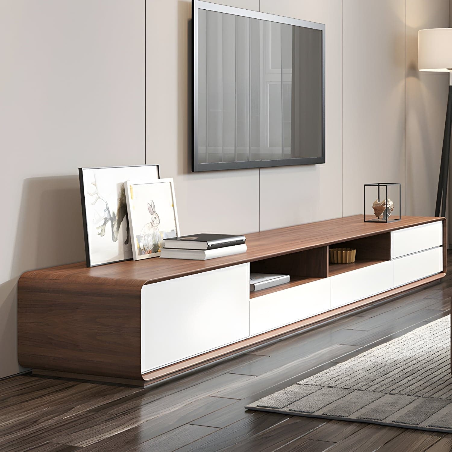 Scandinavian Wood TV Stand with Drawers and Cabinet for Long TVs - Cable Management Included thumbnail 3