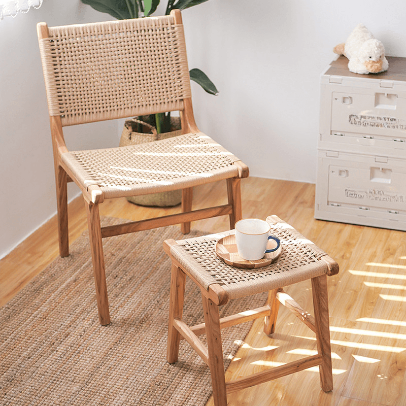 Modish Stable Genuine Leather/Rope/Faux Leather Woven Side Chair with Wood Framed Open Back and Natural Finish/Brown Base thumbnail 4