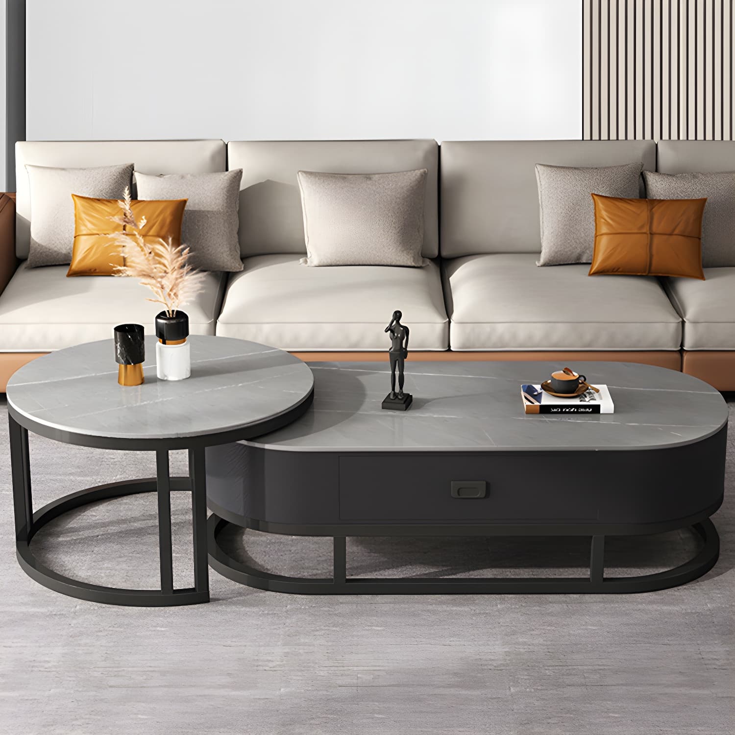 Slate Coffee Table Oval Nesting Coffee Table Set with Metal Legs thumbnail 7