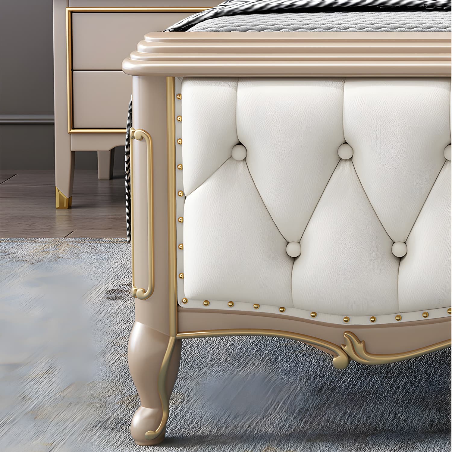 84.65 inch Wide Glam Bed Frame Rubberwood Solid Color Standard Bed with Headboard thumbnail 12