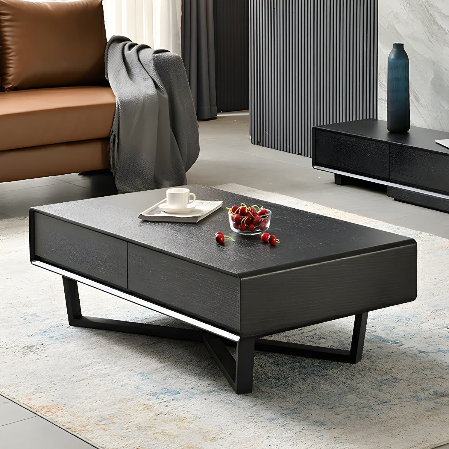 Rectangular Wood Modern Coffee Table with Black Metal Cross Legs and Storage Drawers thumbnail 15