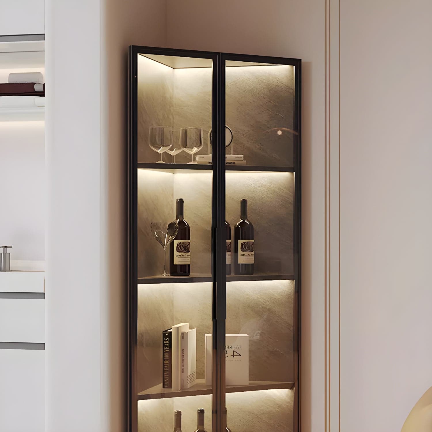 Modern Corner Glass Door Accent Cabinet with Black Metal Base thumbnail 7