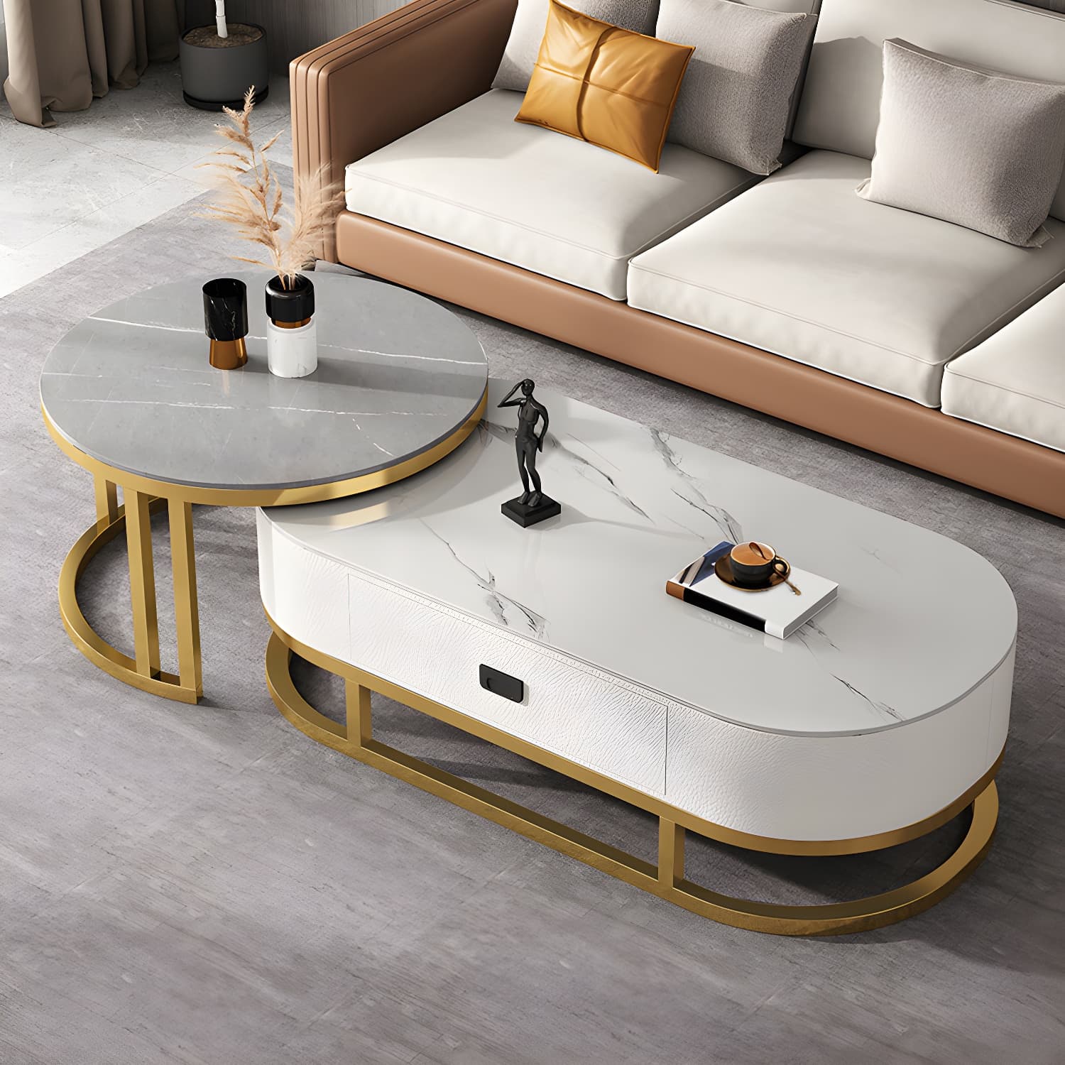 Slate Coffee Table Oval Nesting Coffee Table Set with Metal Legs thumbnail 8