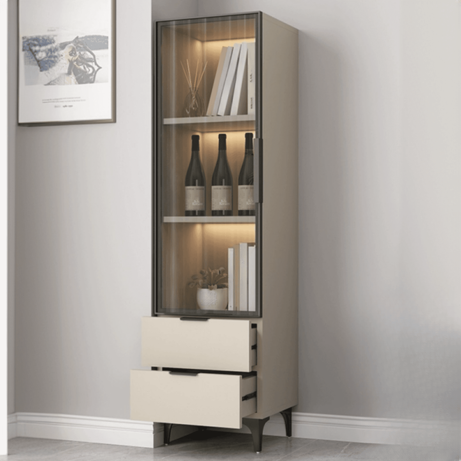 Rectangle Utility Cabinet with Locker, Glass Door, Pull Bars, White/Espresso/Off White Top, Soft Close Drawer, and Light thumbnail 4