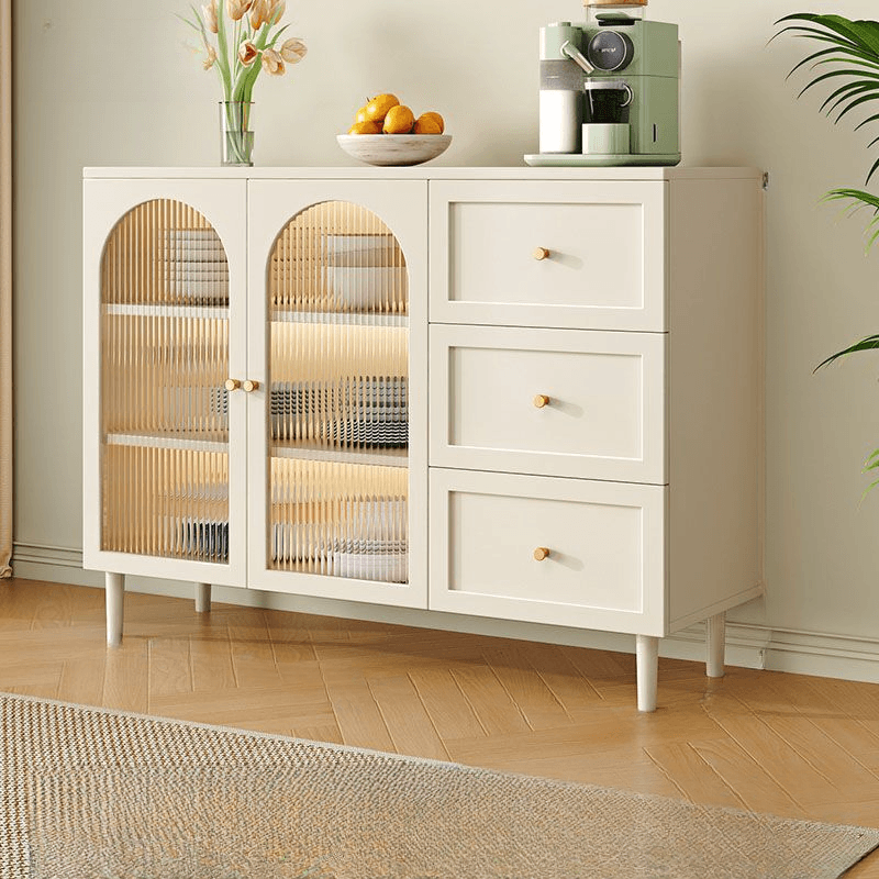 White Trendy Sideboard with 3 Drawers, Narrow/Standard Size, 3/6 Shelves, Lumber Countertop, and Glass-panel Door thumbnail 4
