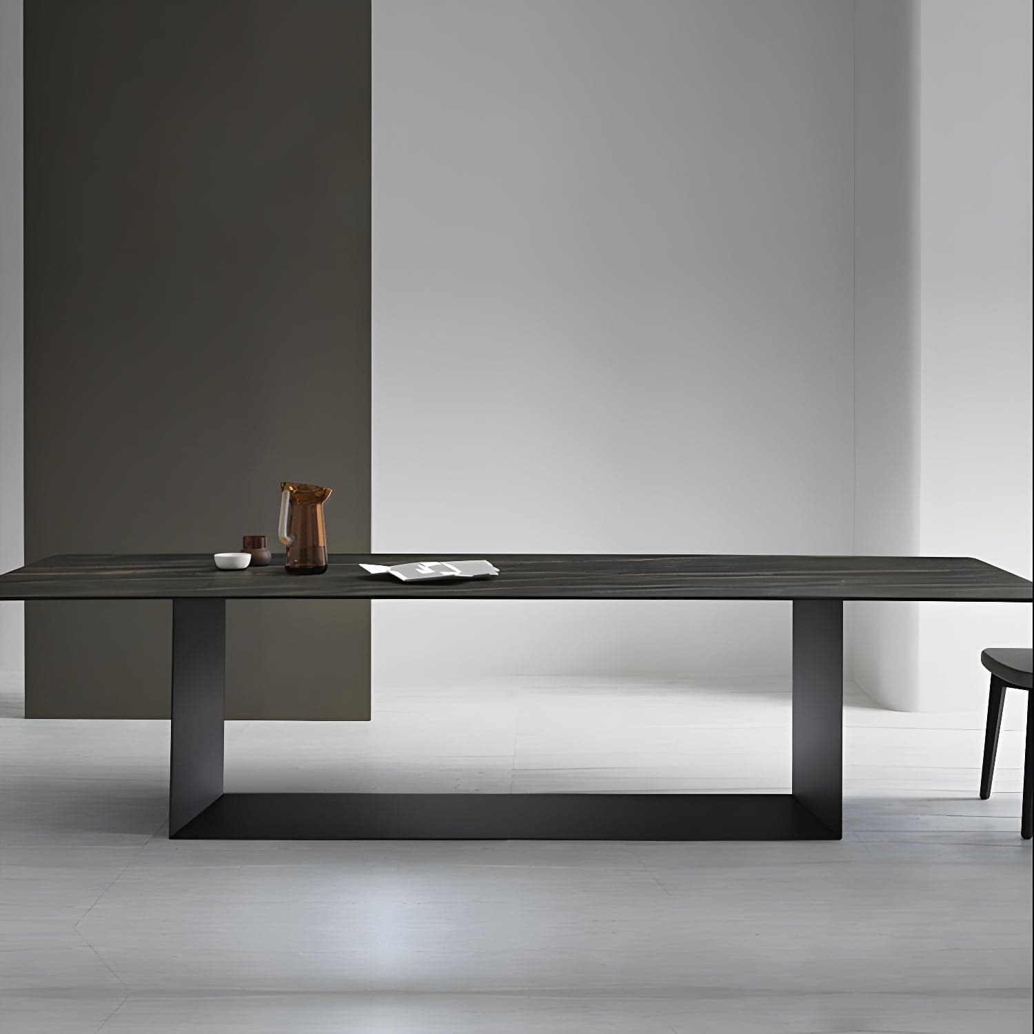 Rectangle Stone and Metal Dining table Modern Trestle Base Dining Table thumbnail 1