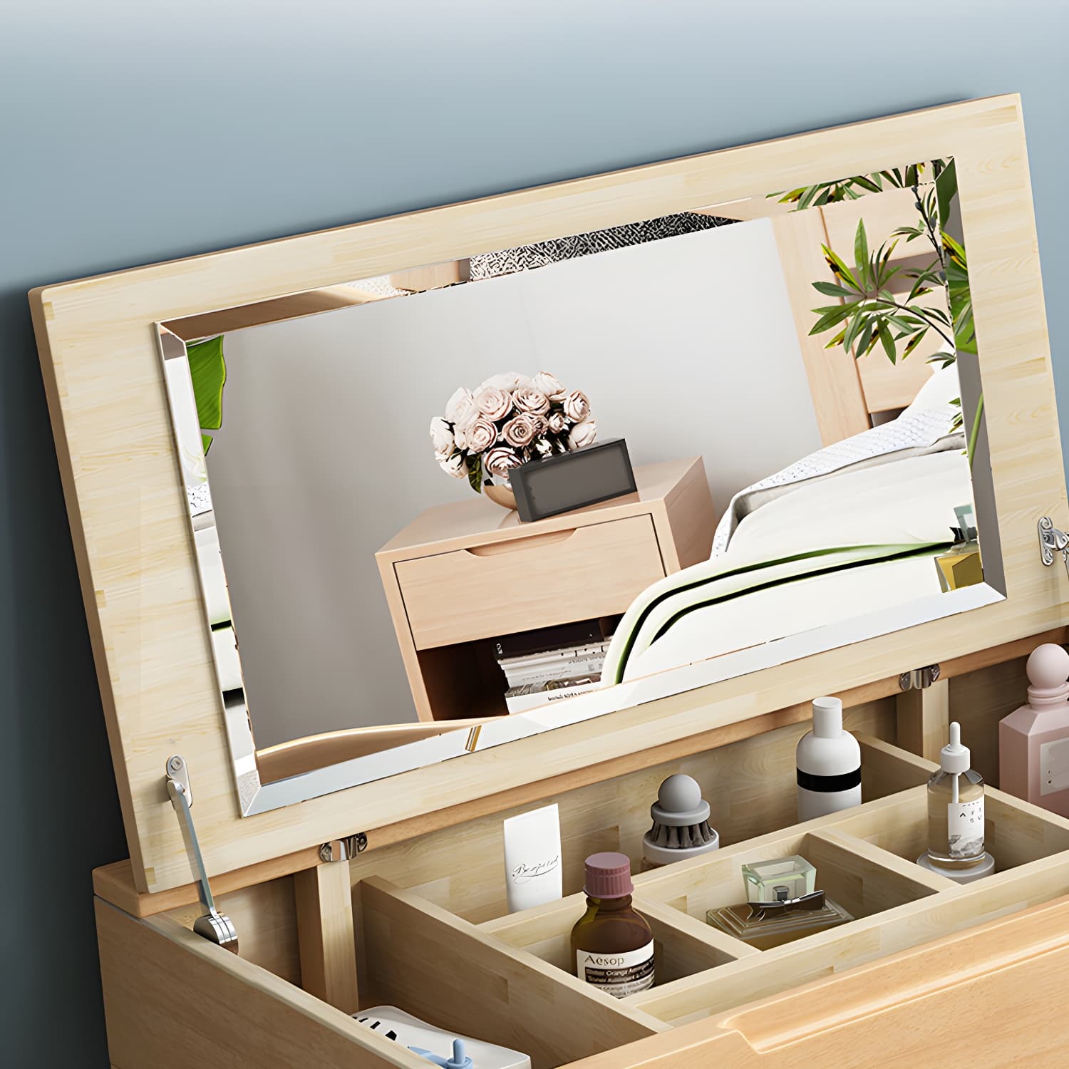 Scandinavian Solid Wood Vanity Makeup Table Set 1 Drawer Flip-Top Dressing Table thumbnail 9