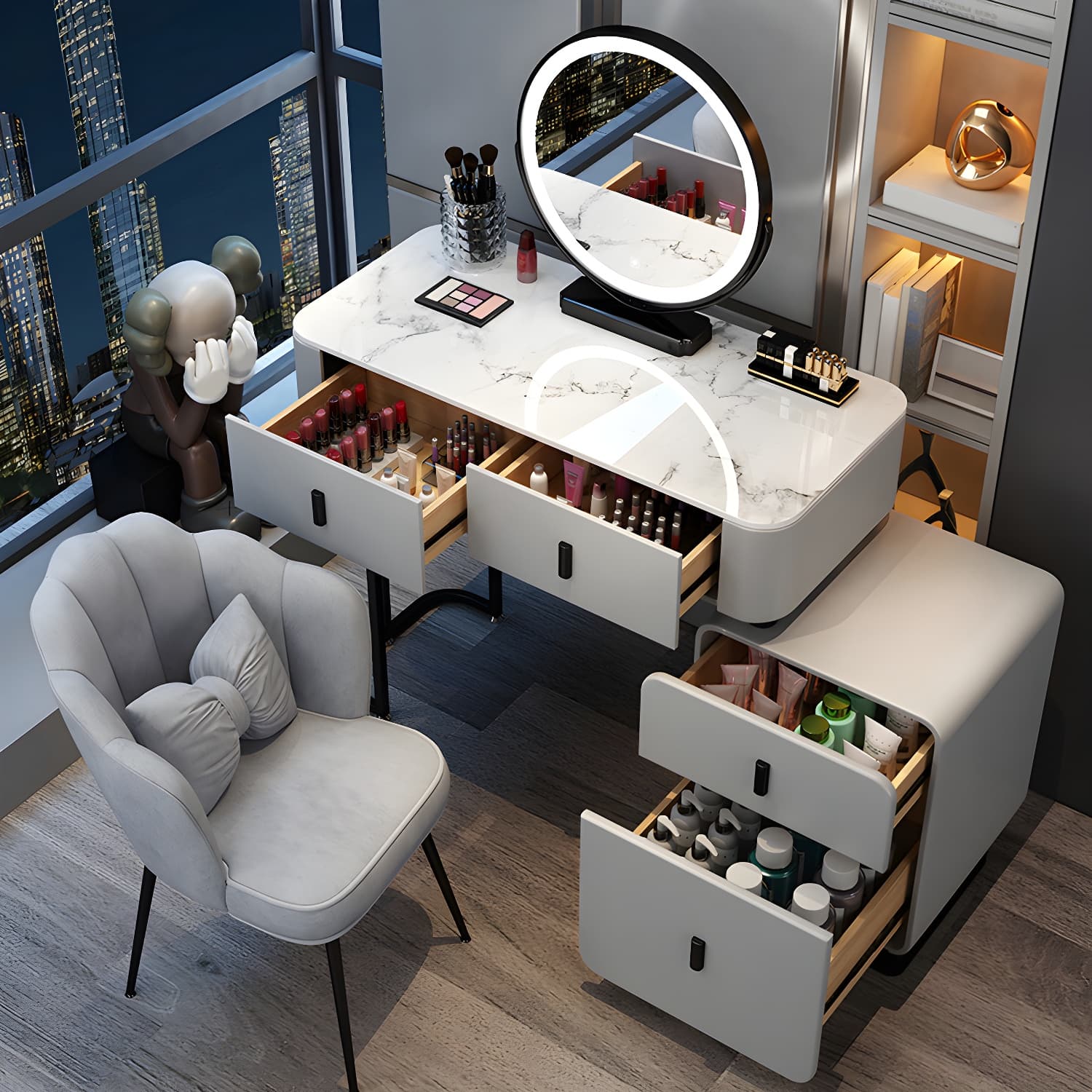 Wood Makeup Vanity Lighted Mirror Vanity Table and Stool Set thumbnail 7