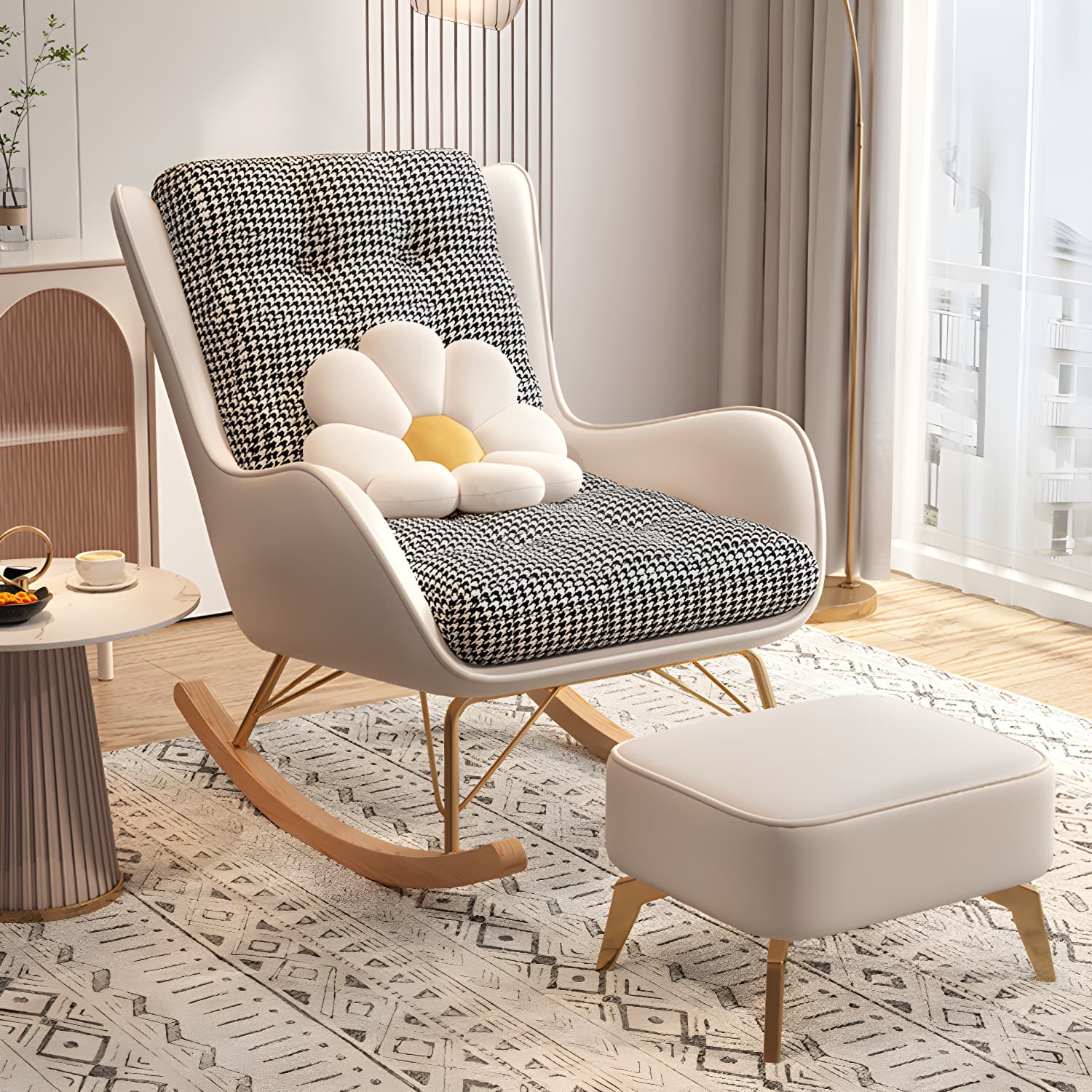 Contemporary Rocking Chair Fabric Upholstered Tufted Wing Chair Back Indoor Rocking Chair thumbnail 9